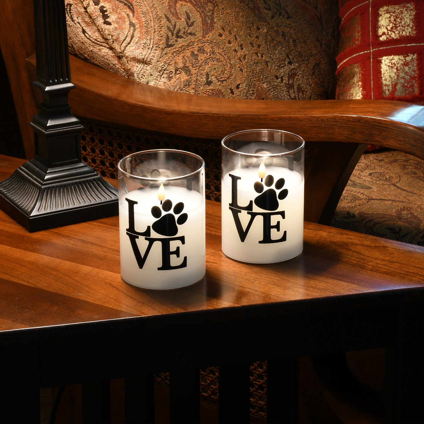 Battery Operated LED Glass Candles with Bullet Flame, Love Paw - Set of 2