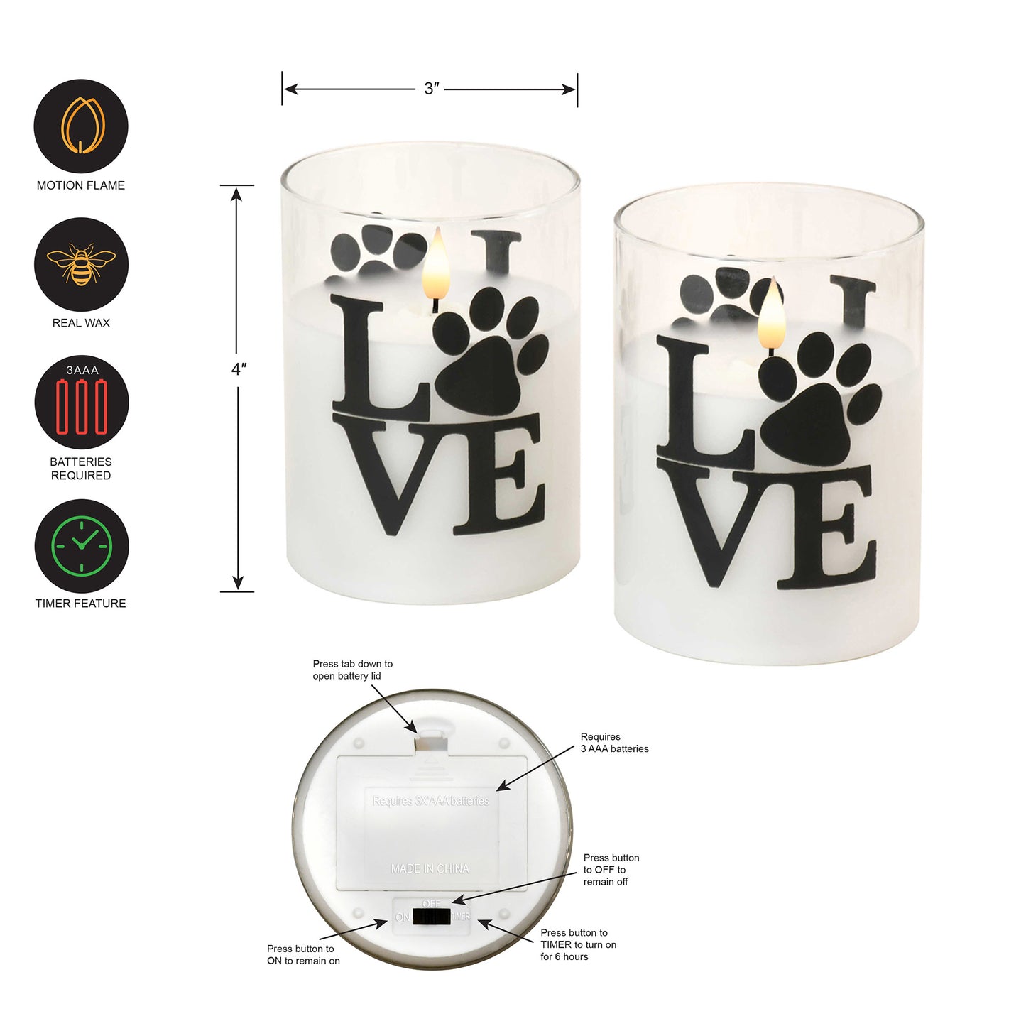 Battery Operated LED Glass Candles with Bullet Flame, Love Paw - Set of 2