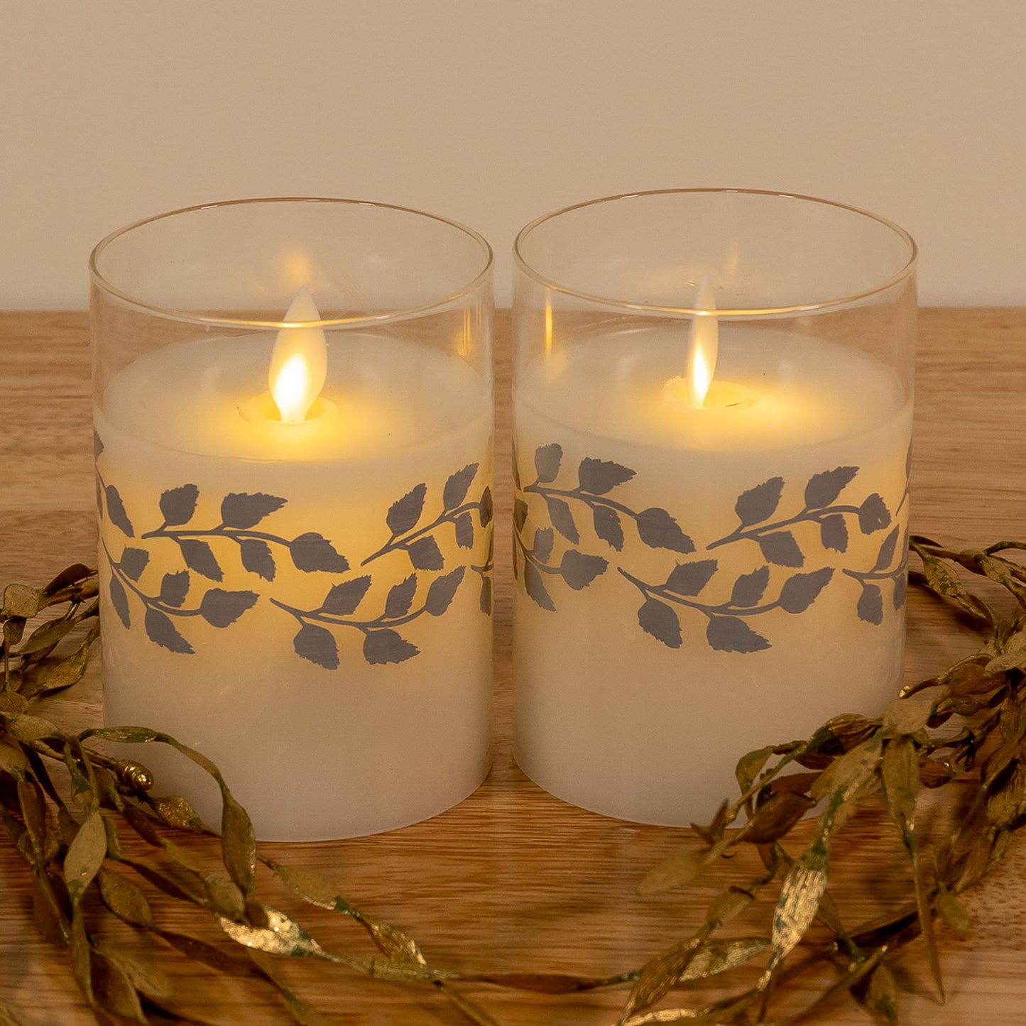 Battery-Operated LED Glass Candles with Flickering Flame, Garland - Set of 2