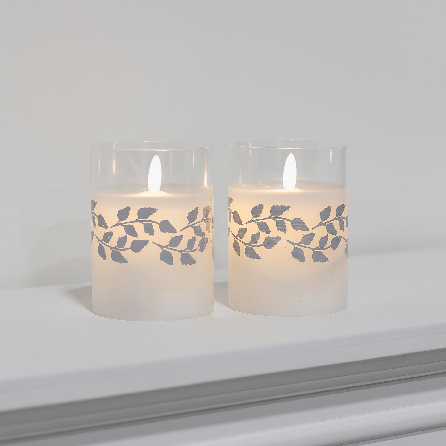 Battery Operated LED Glass Candles with Flickering Flame, Gold Garland - Set of 2 - Silver