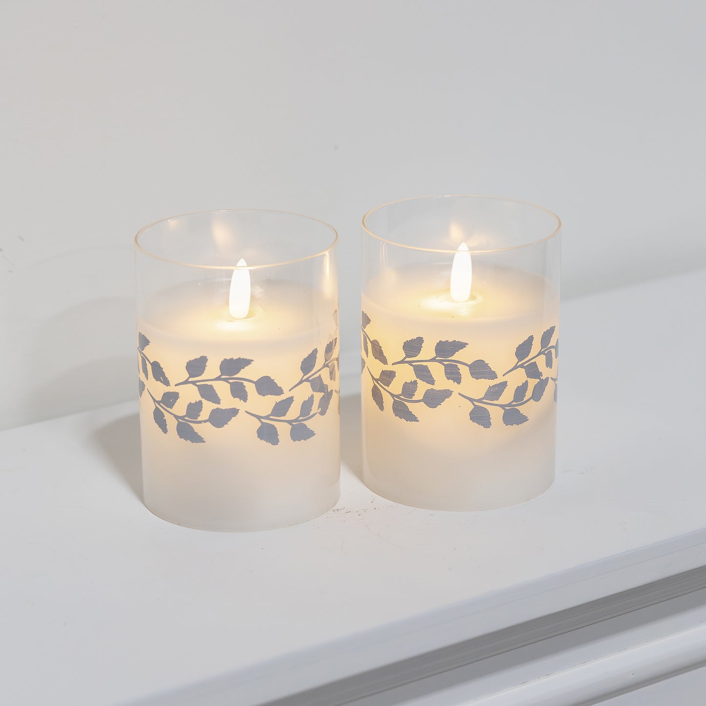Battery Operated LED Glass Candles with Flickering Flame, Gold Garland - Set of 2 - Silver