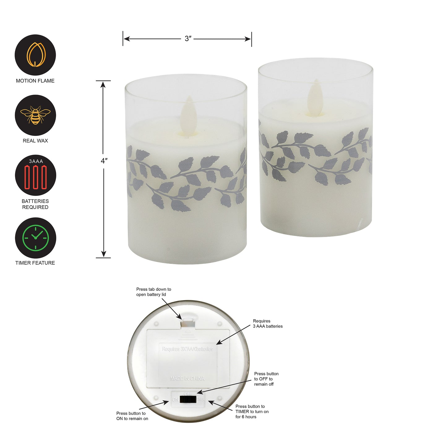 Battery Operated LED Glass Candles with Flickering Flame, Gold Garland - Set of 2 - Silver
