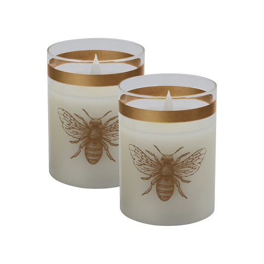 Battery-Operated LED Glass Candles with Flickering Flame, Honeybee - Set of 2