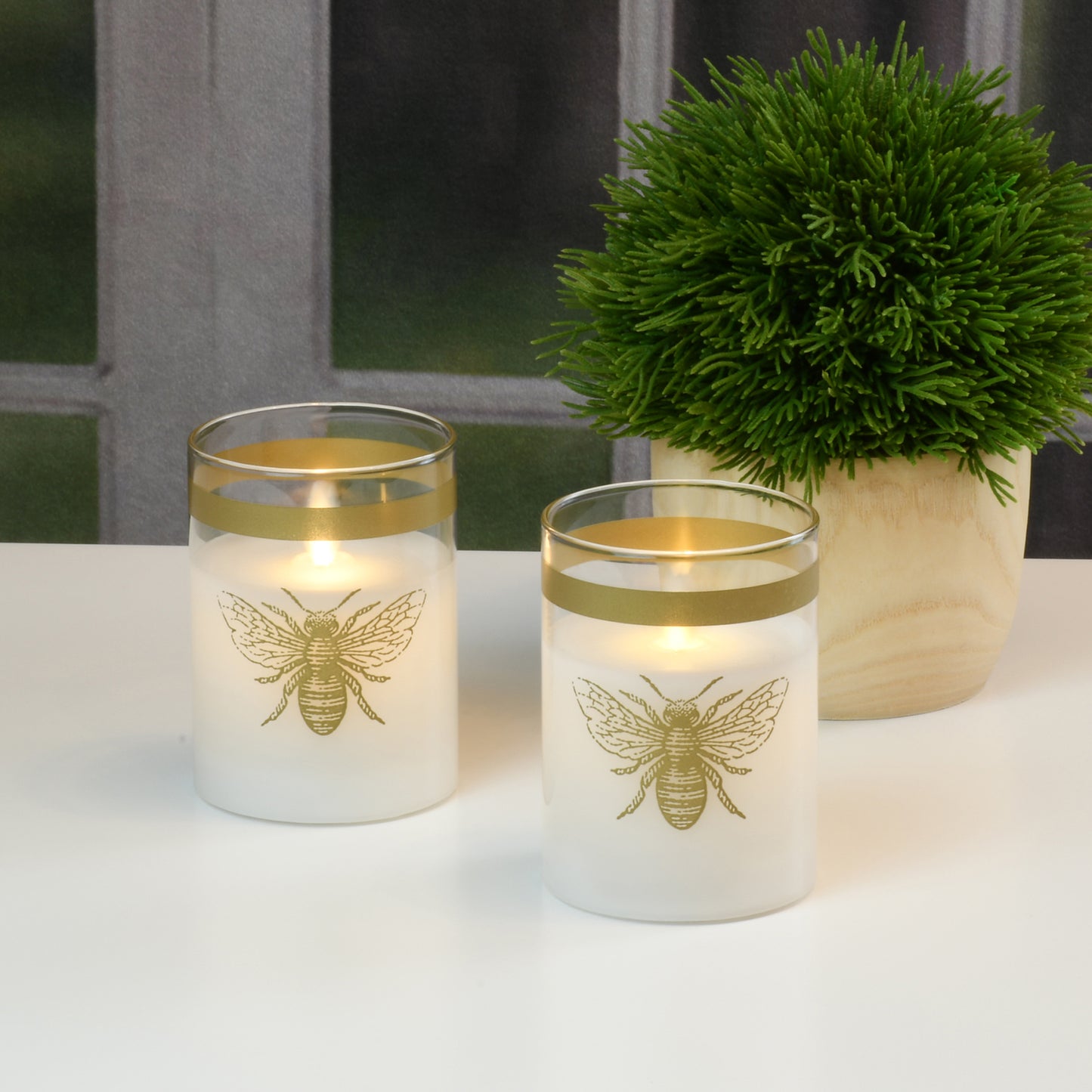 Battery Operated LED Glass Candles with Bullet Flame, Honeybee - Set of 2