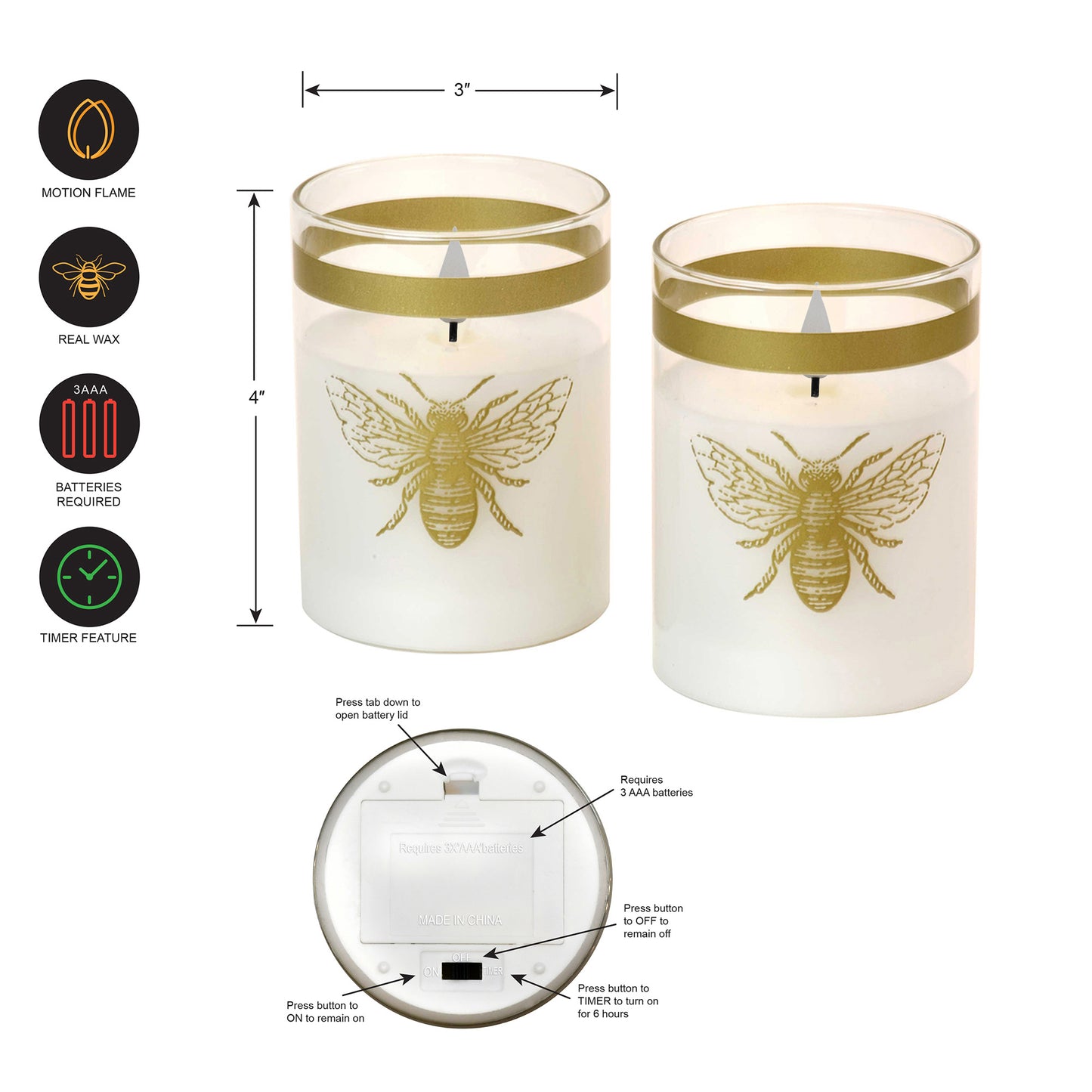 Battery-Operated LED Glass Candles with Flickering Flame, Honeybee - Set of 2