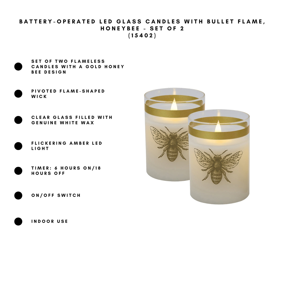 Battery-Operated LED Glass Candles with Flickering Flame, Honeybee - Set of 2