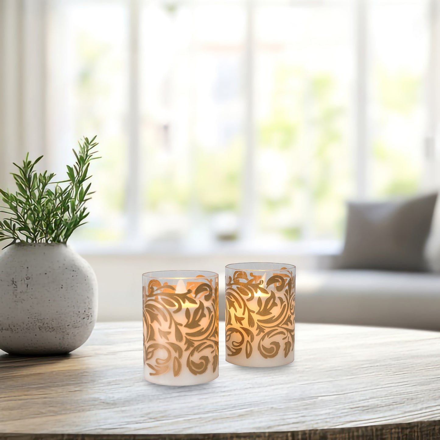 Battery-Operated LED Glass Candles with Flickering Flame, Baroque Swirl - Set of 2