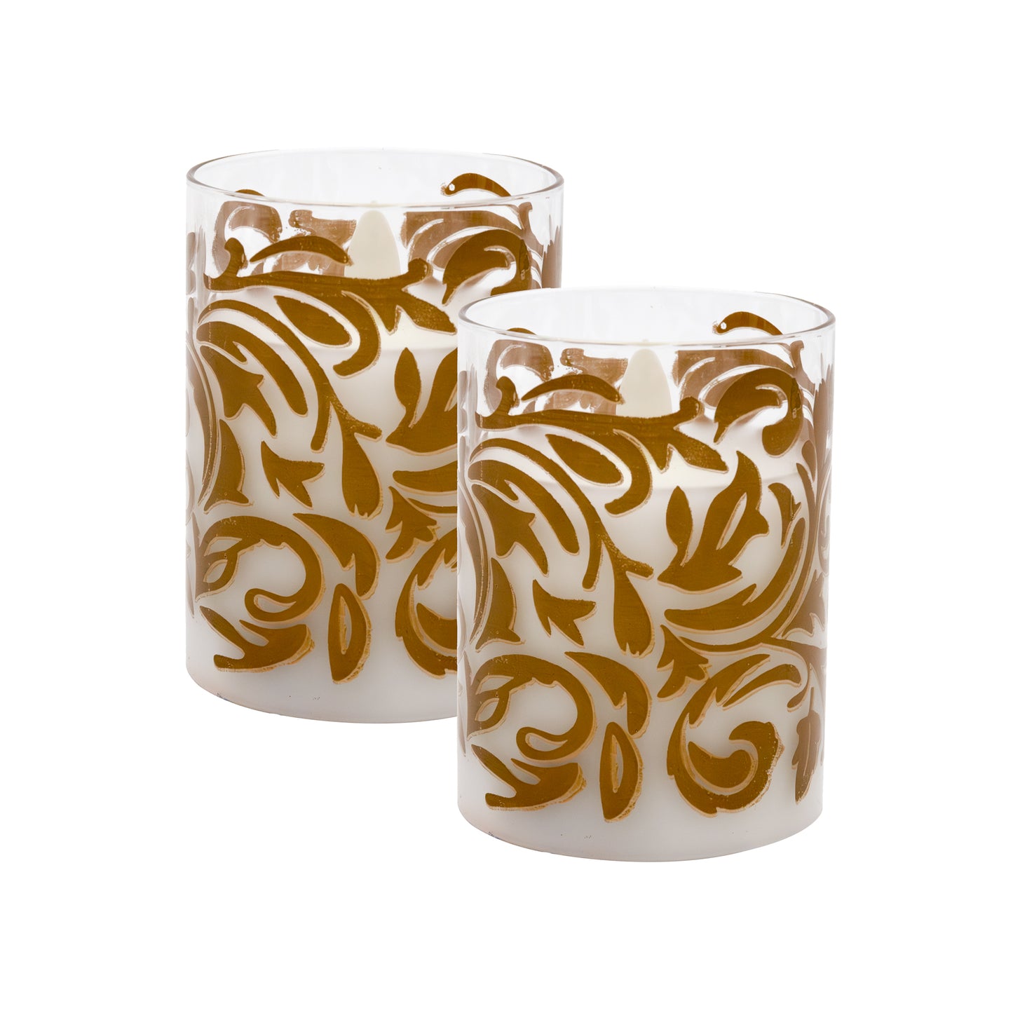 Battery-Operated LED Glass Candles with Flickering Flame, Baroque Swirl - Set of 2