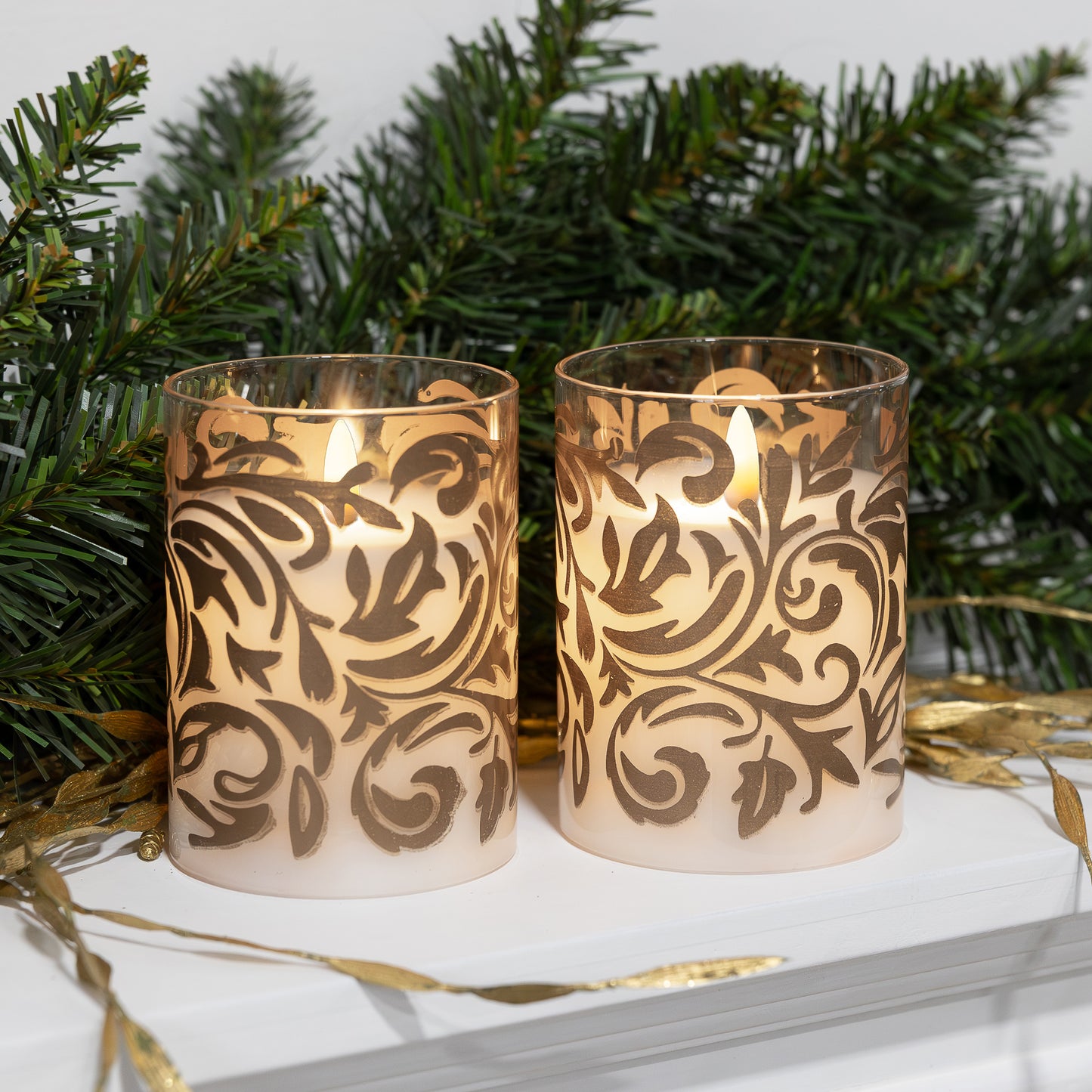 Battery-Operated LED Glass Candles with Flickering Flame, Baroque Swirl - Set of 2