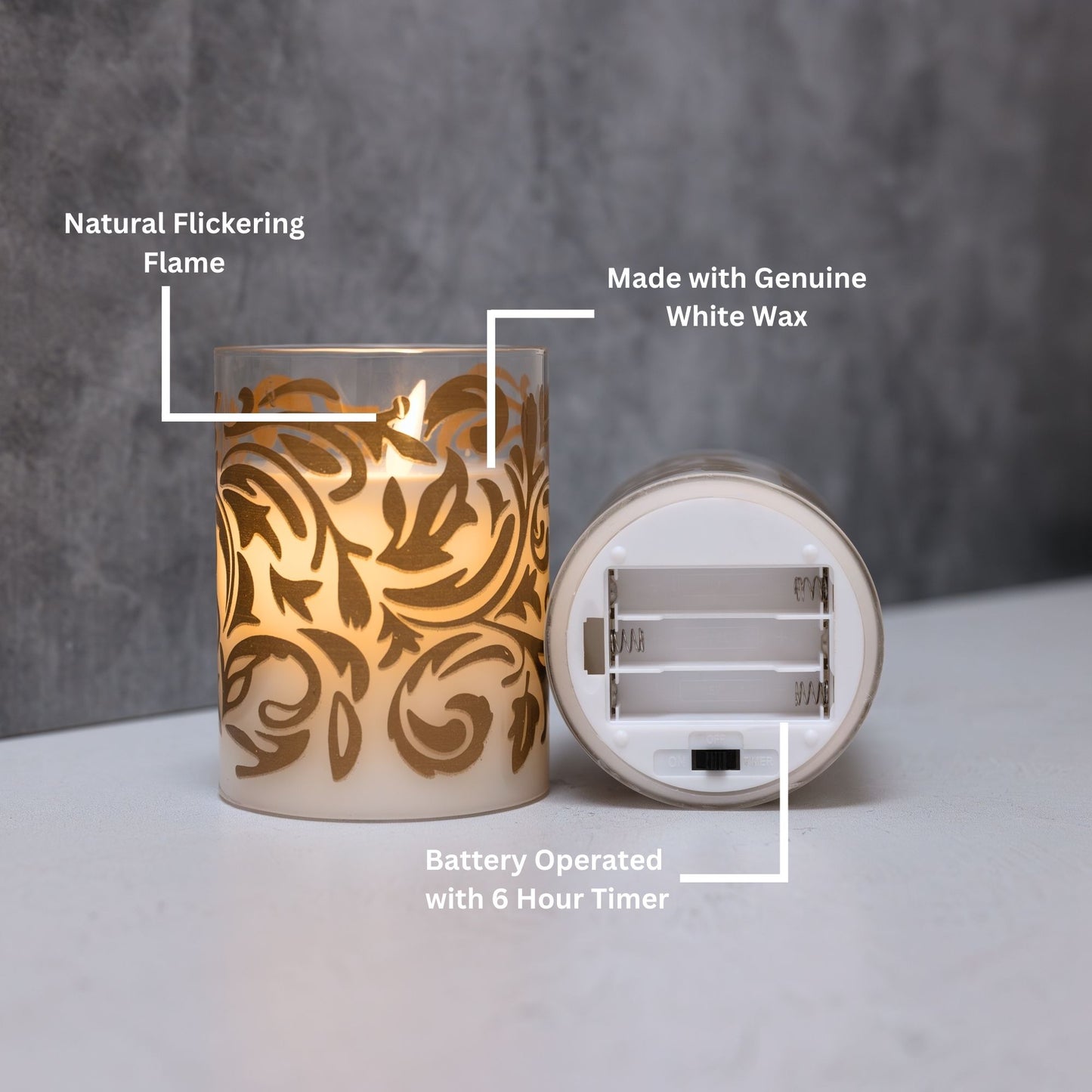 Battery-Operated LED Glass Candles with Flickering Flame, Baroque Swirl - Set of 2