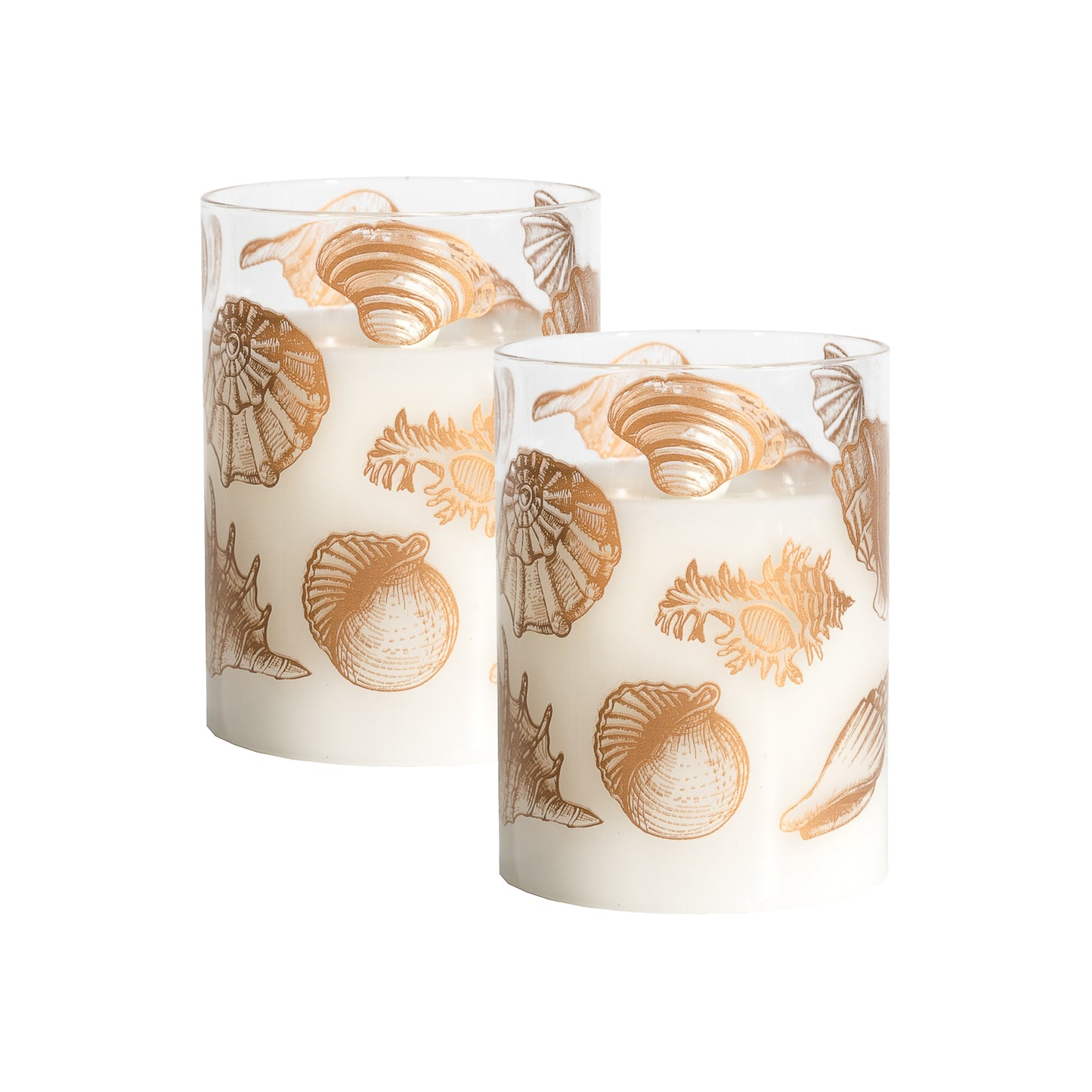 Battery Operated Flickering Flame Glass Wax Candles - Seashells- Set of 2