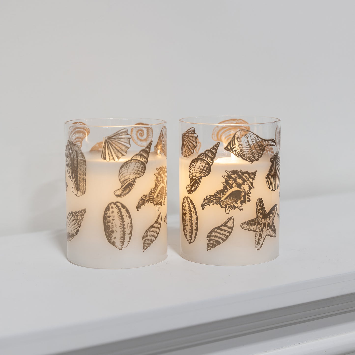 Battery Operated Flickering Flame Glass Wax Candles - Seashells- Set of 2