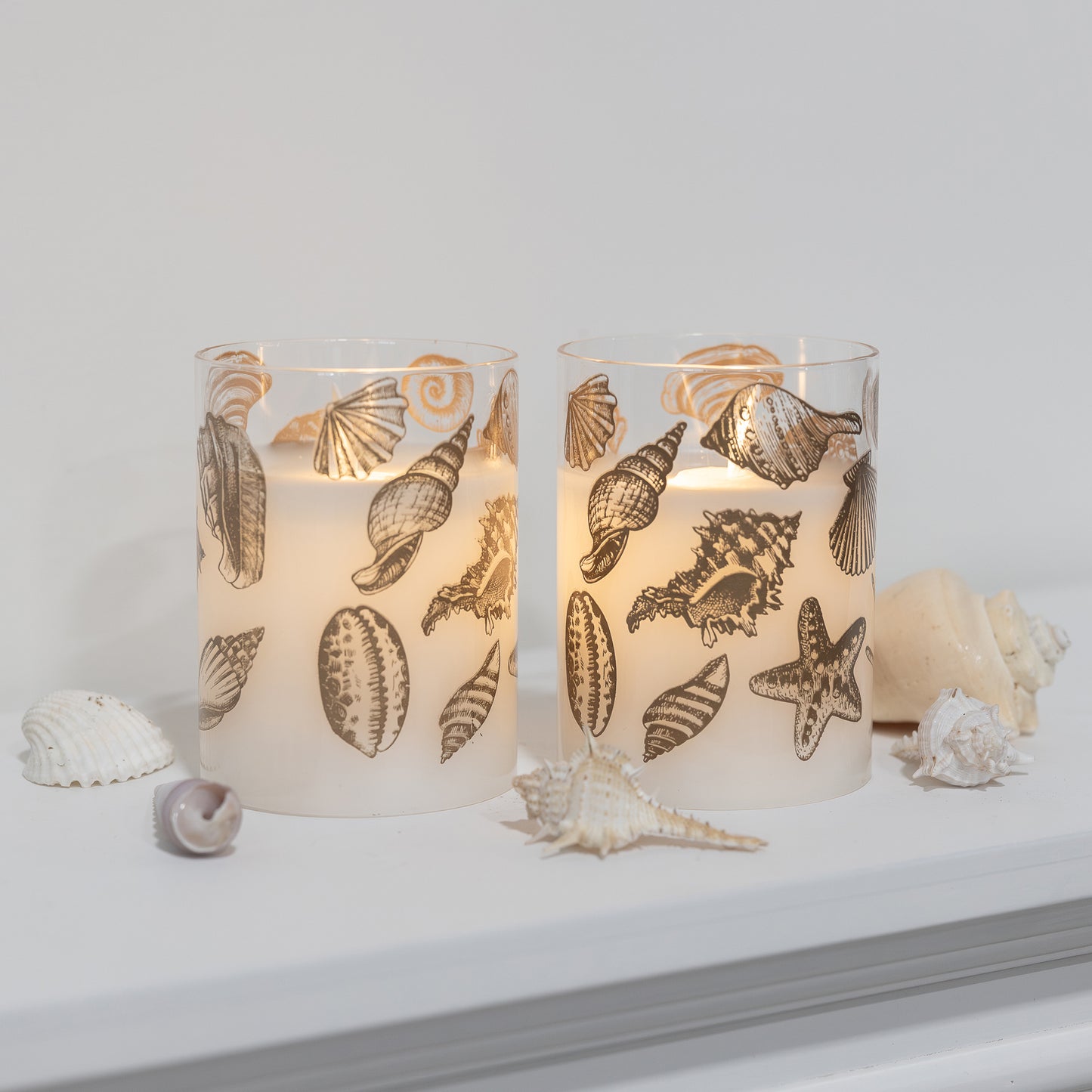 Battery Operated Flickering Flame Glass Wax Candles - Seashells- Set of 2