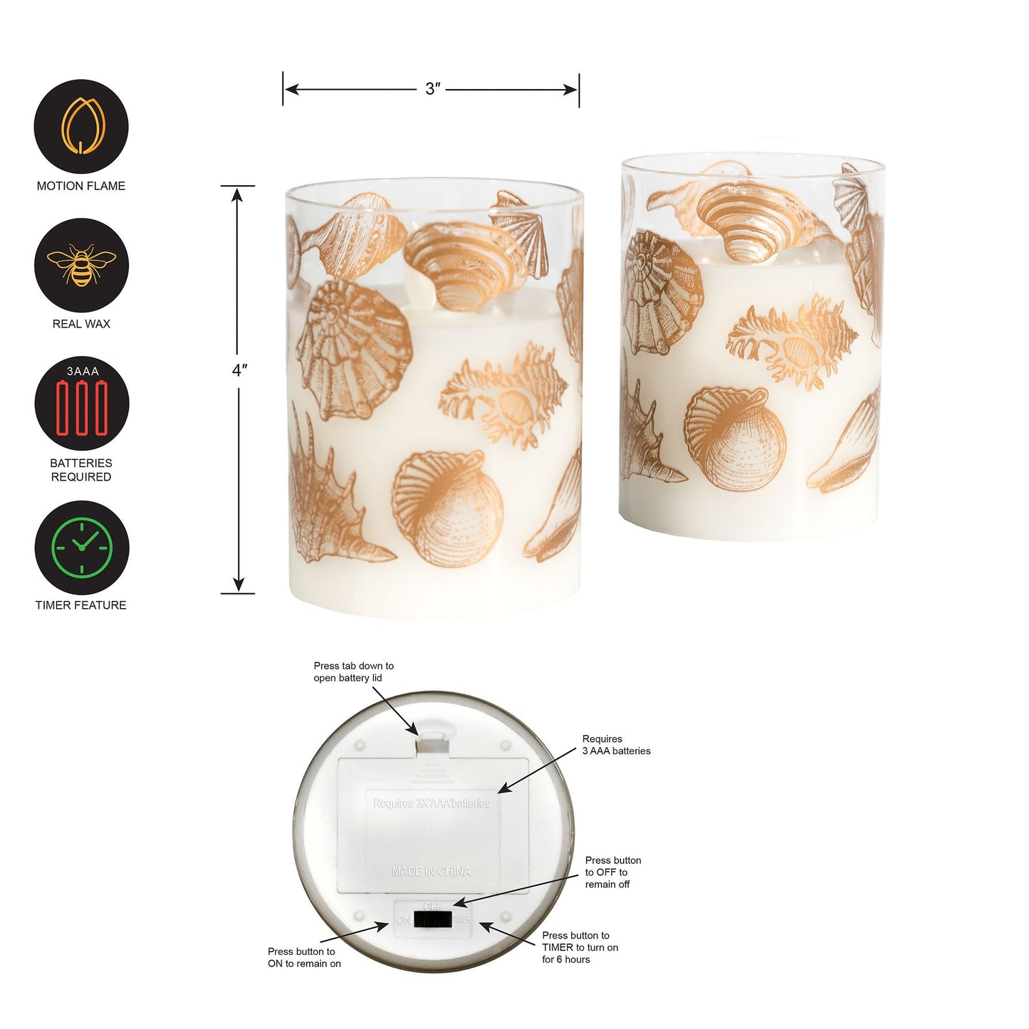 Battery-Operated LED Glass Candles with Flickering Flame, Seashells- Set of 2