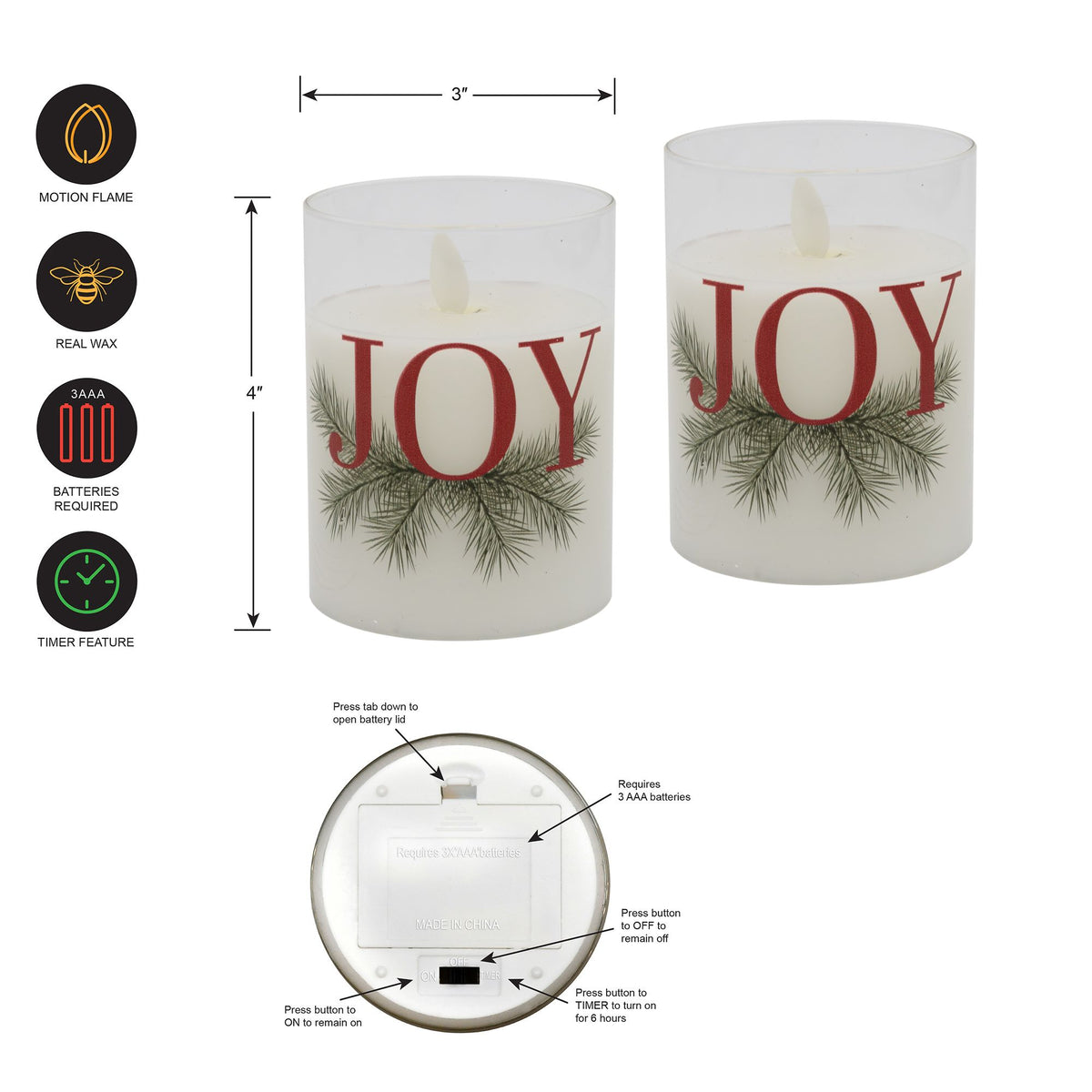 Battery-Operated LED Glass Candles with Flickering Flame, JOY - Set of 2