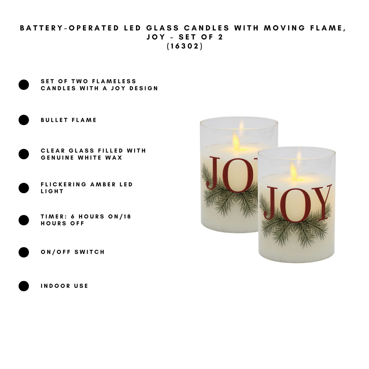 Battery-Operated LED Glass Candles with Flickering Flame, JOY - Set of 2
