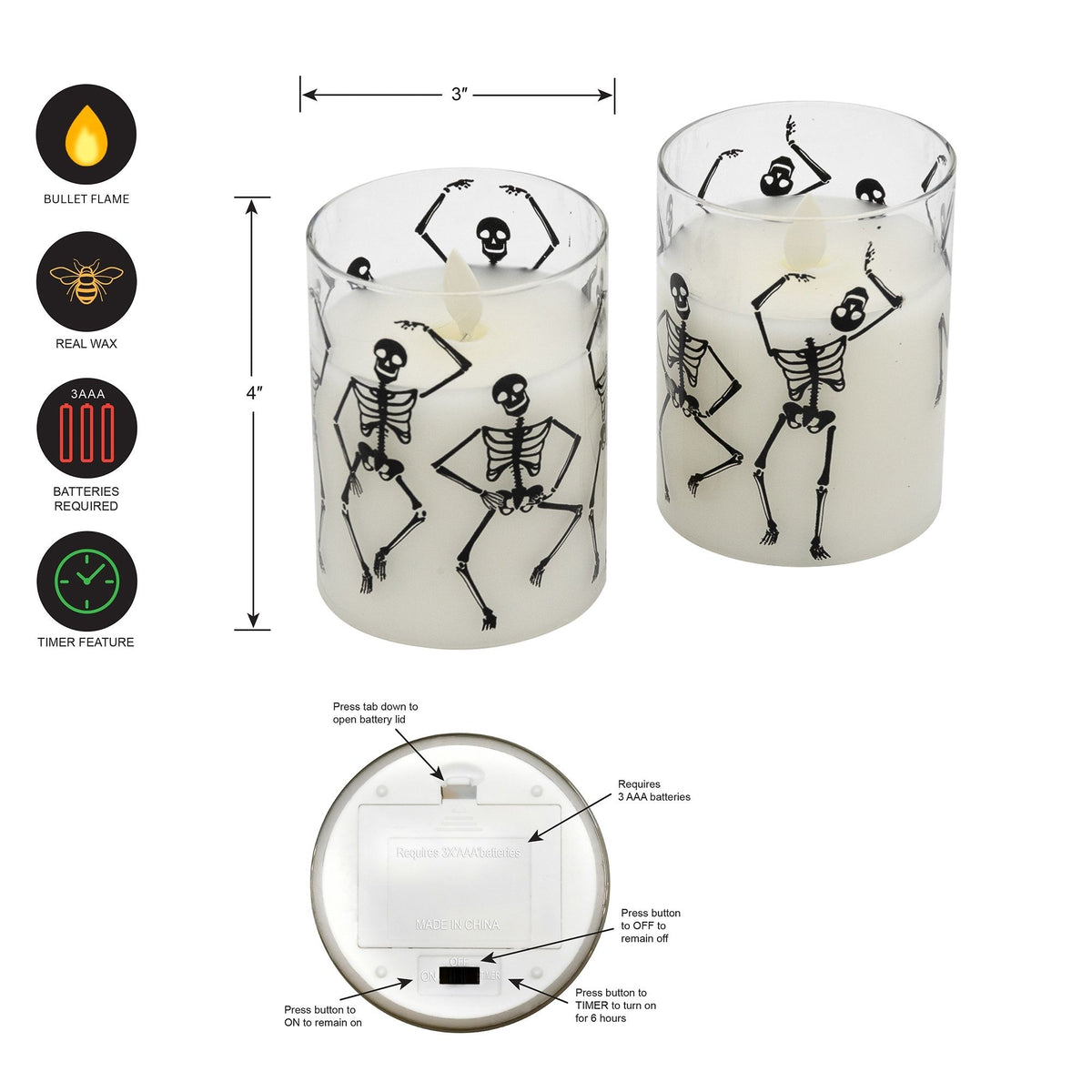 Battery-Operated LED Glass Candles with Flickering Flame, Graveyard Dance - Set of 2