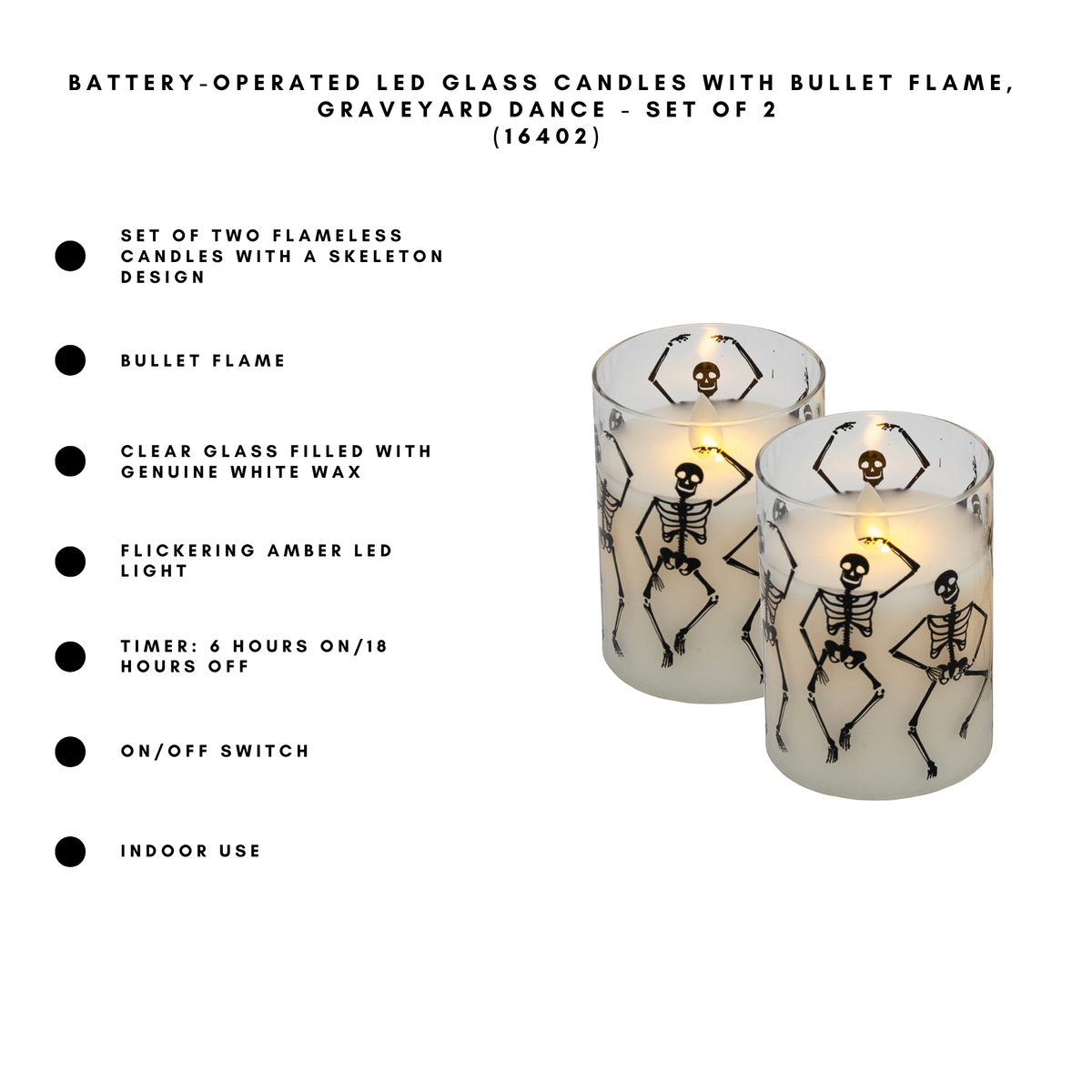 Battery-Operated LED Glass Candles with Flickering Flame, Graveyard Dance - Set of 2