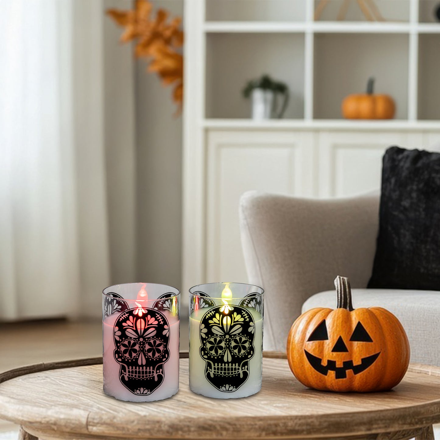 Battery Operated LED Glass Candles with Flickering Flame, Sugar Skull - Set of 2