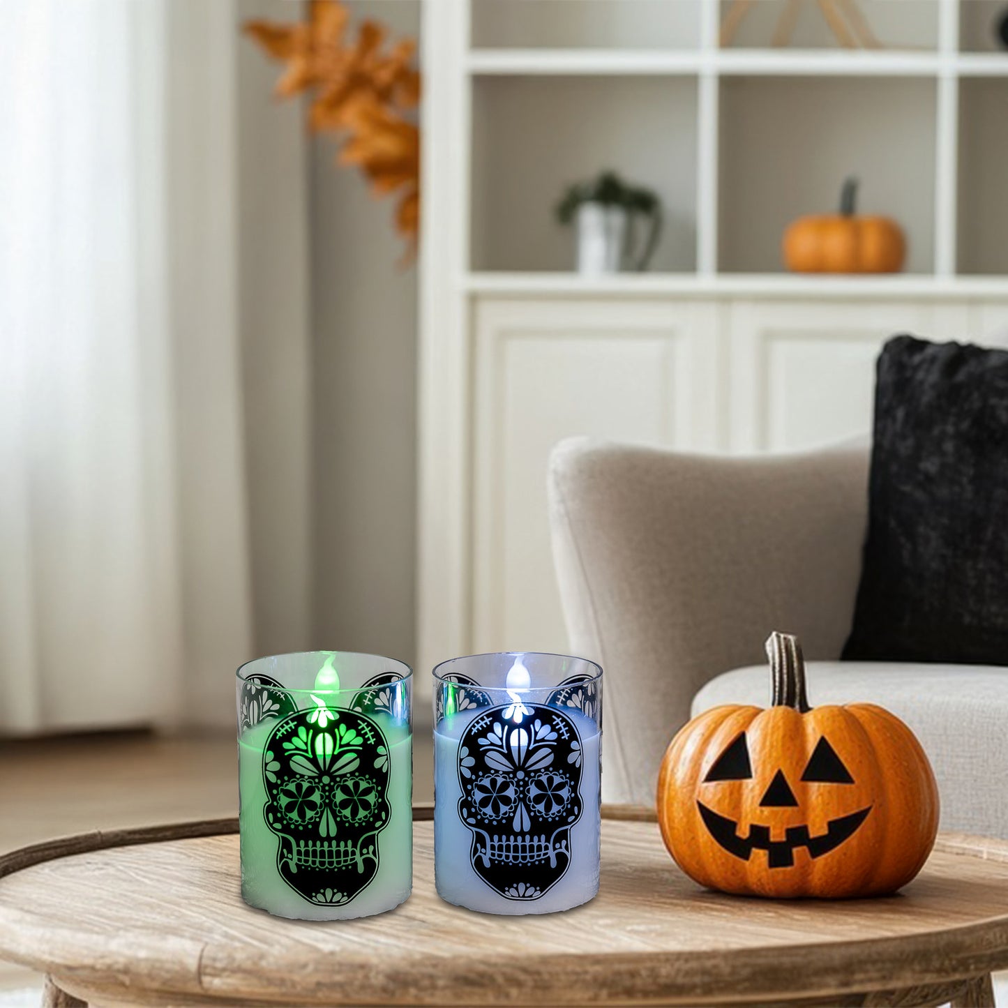 Battery Operated LED Glass Candles with Flickering Flame, Sugar Skull - Set of 2