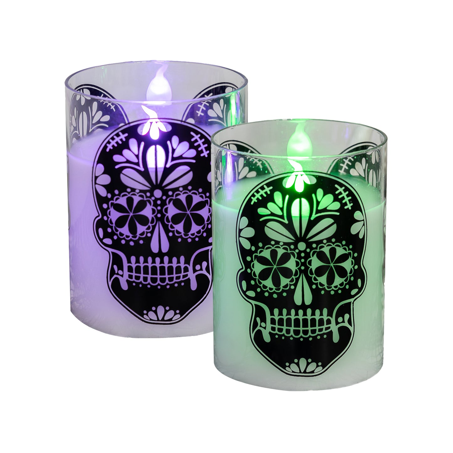 Battery Operated LED Glass Candles with Flickering Flame, Sugar Skull - Set of 2