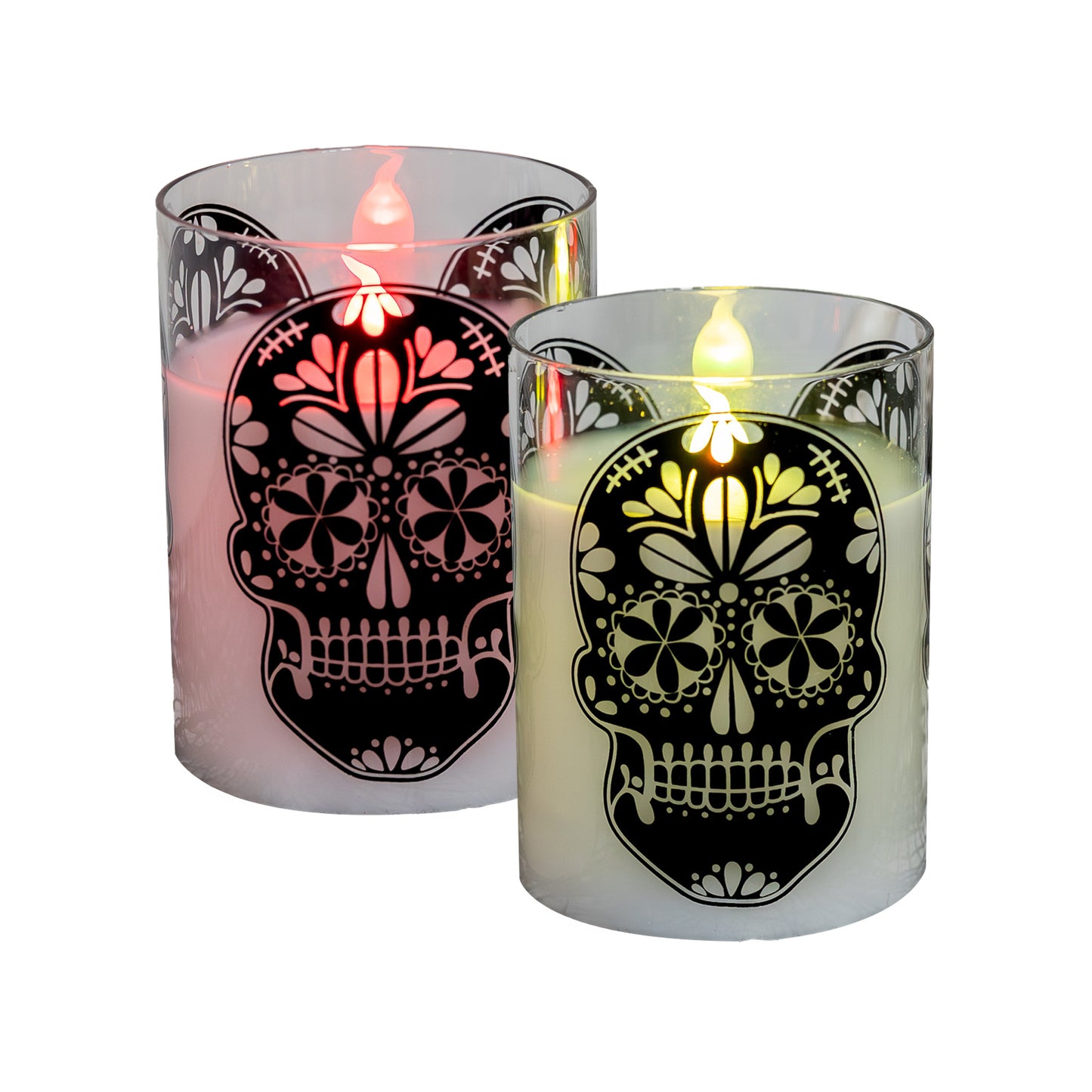 Battery Operated LED Glass Candles with Flickering Flame, Sugar Skull - Set of 2