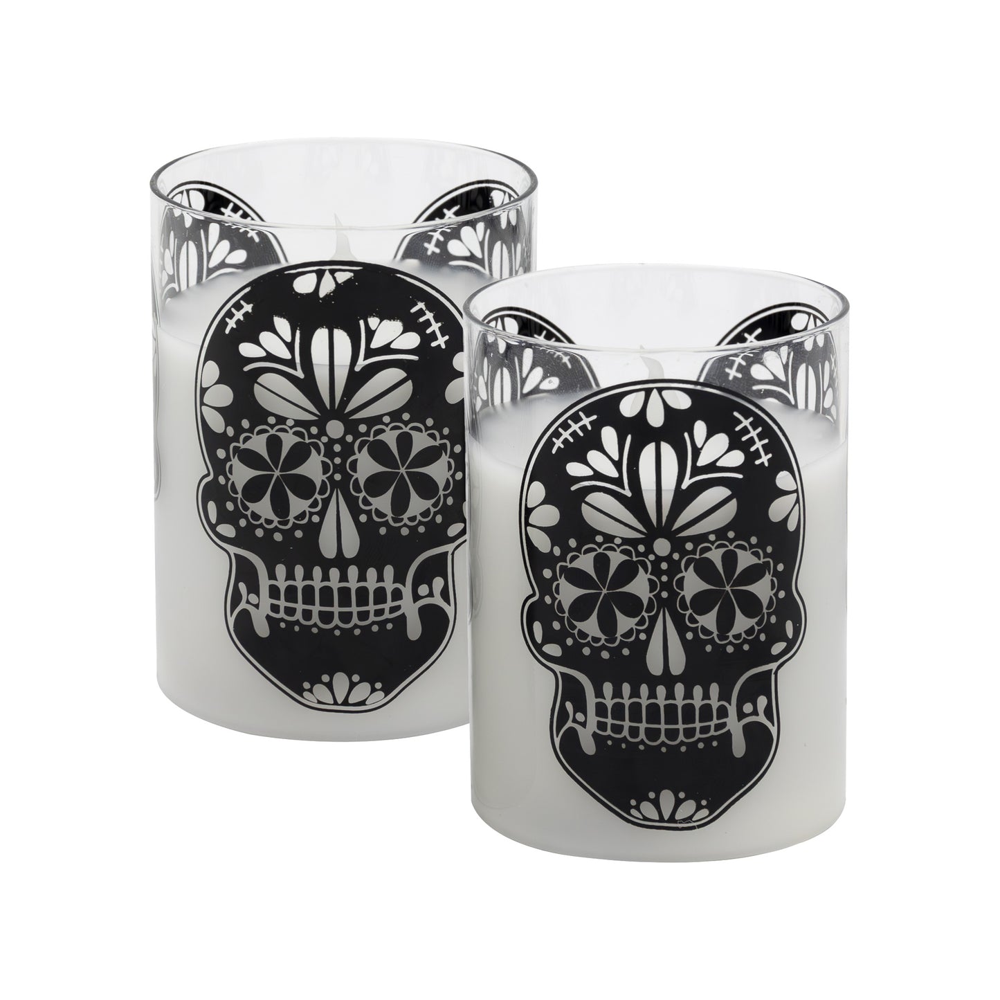 Battery Operated LED Glass Candles with Flickering Flame, Sugar Skull - Set of 2