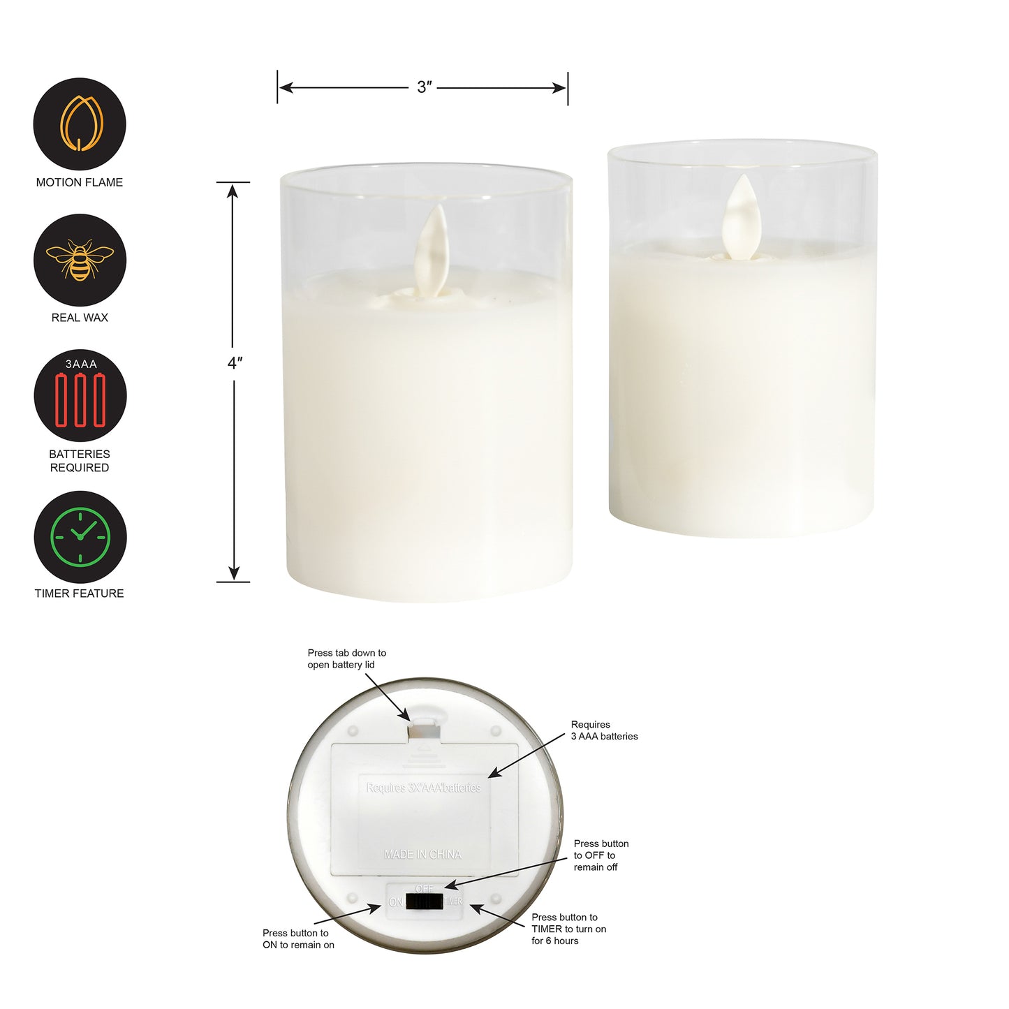 Battery-Operated LED Glass Candles with Flickering Flame - Set of 2