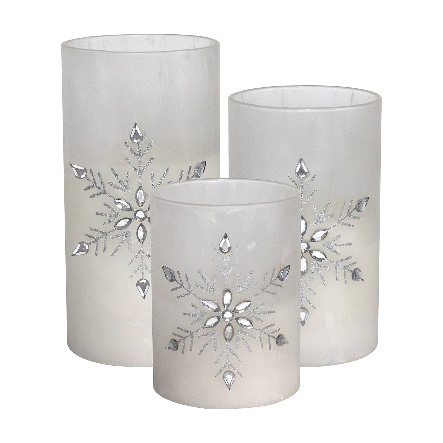 Battery-Operated Glass Snowflake Hurricanes - Set of 3