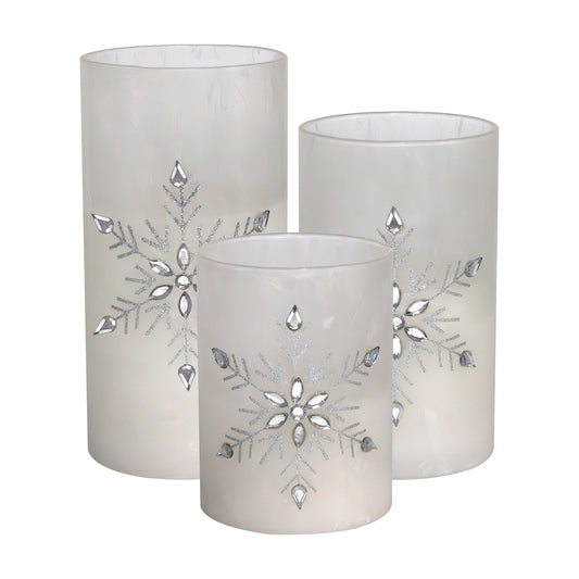 Battery-Operated Glass Snowflake Hurricanes - Set of 3