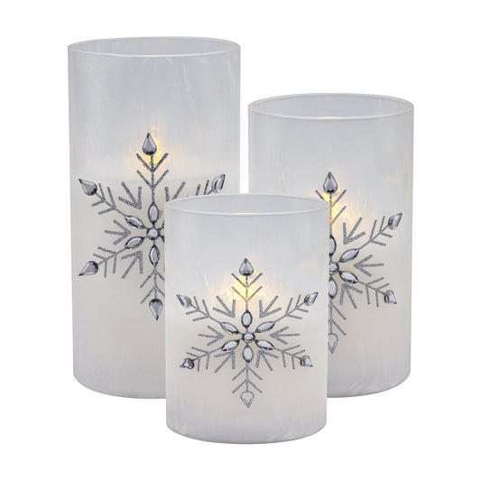 Battery-Operated Glass Snowflake Hurricanes - Set of 3