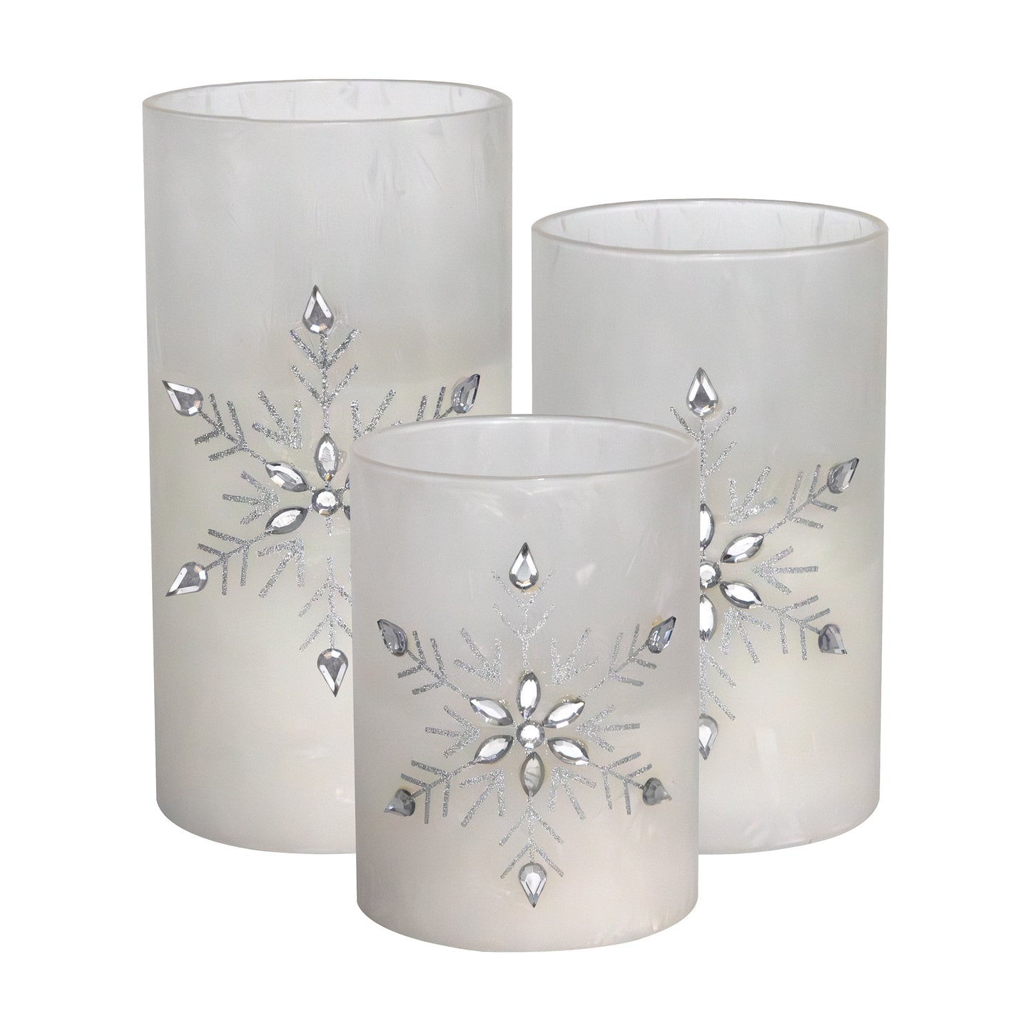 Battery Operated Glass Snowflake Hurricanes - Set of 3