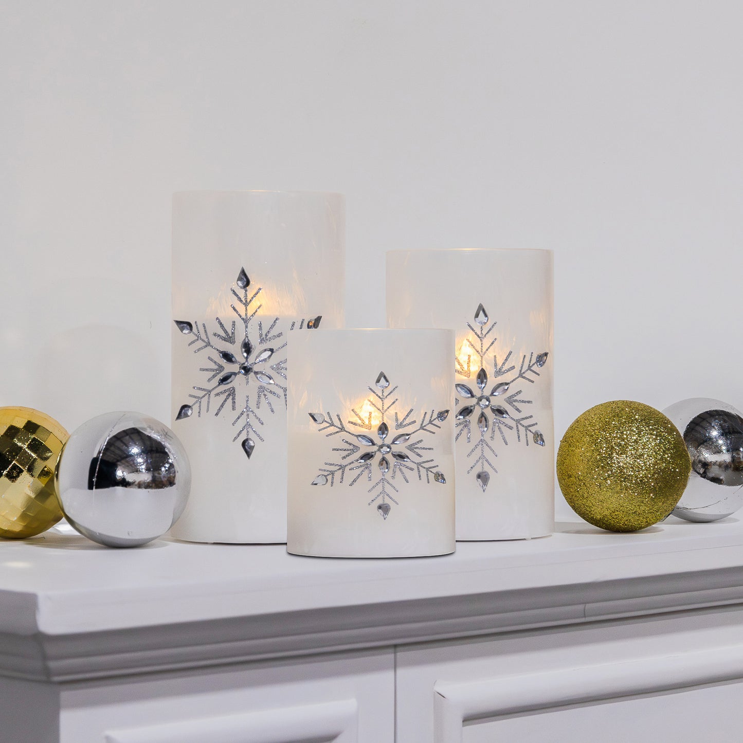 Battery Operated Glass Snowflake Hurricanes - Set of 3