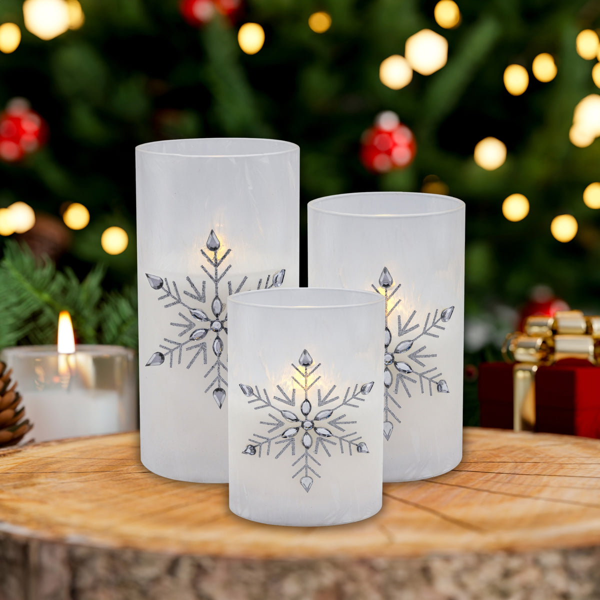 Battery-Operated Glass Snowflake Hurricanes - Set of 3