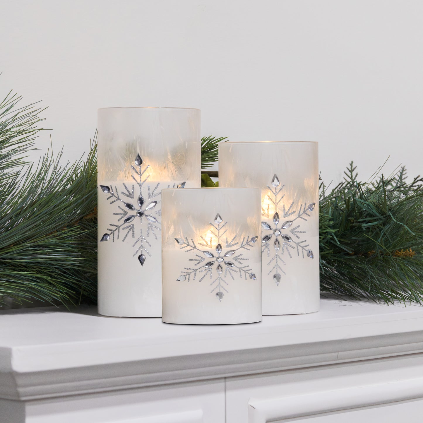 Battery Operated Glass Snowflake Hurricanes - Set of 3
