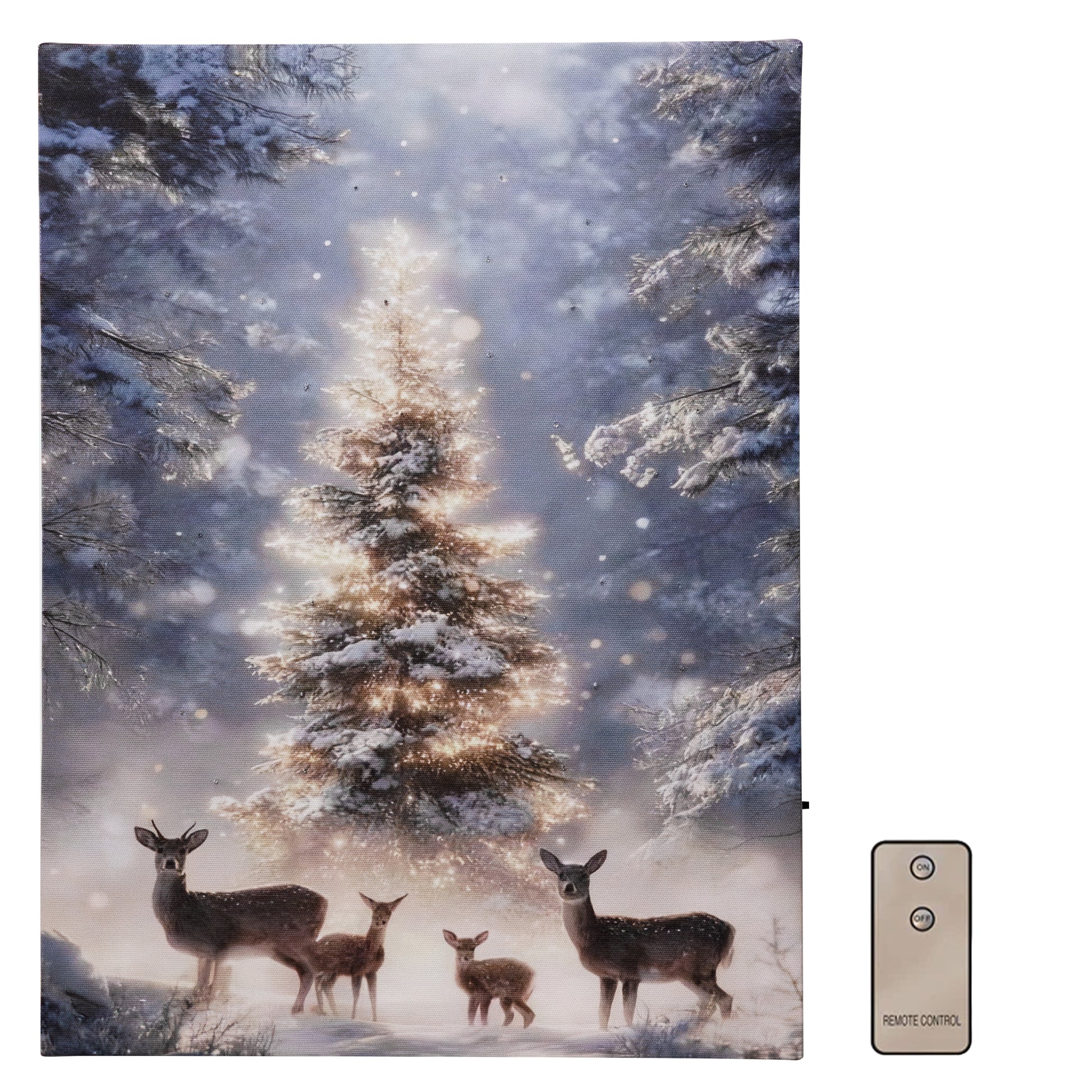 Battery operated lighted wall art depicting a deer family in a snowy forest with remote control.