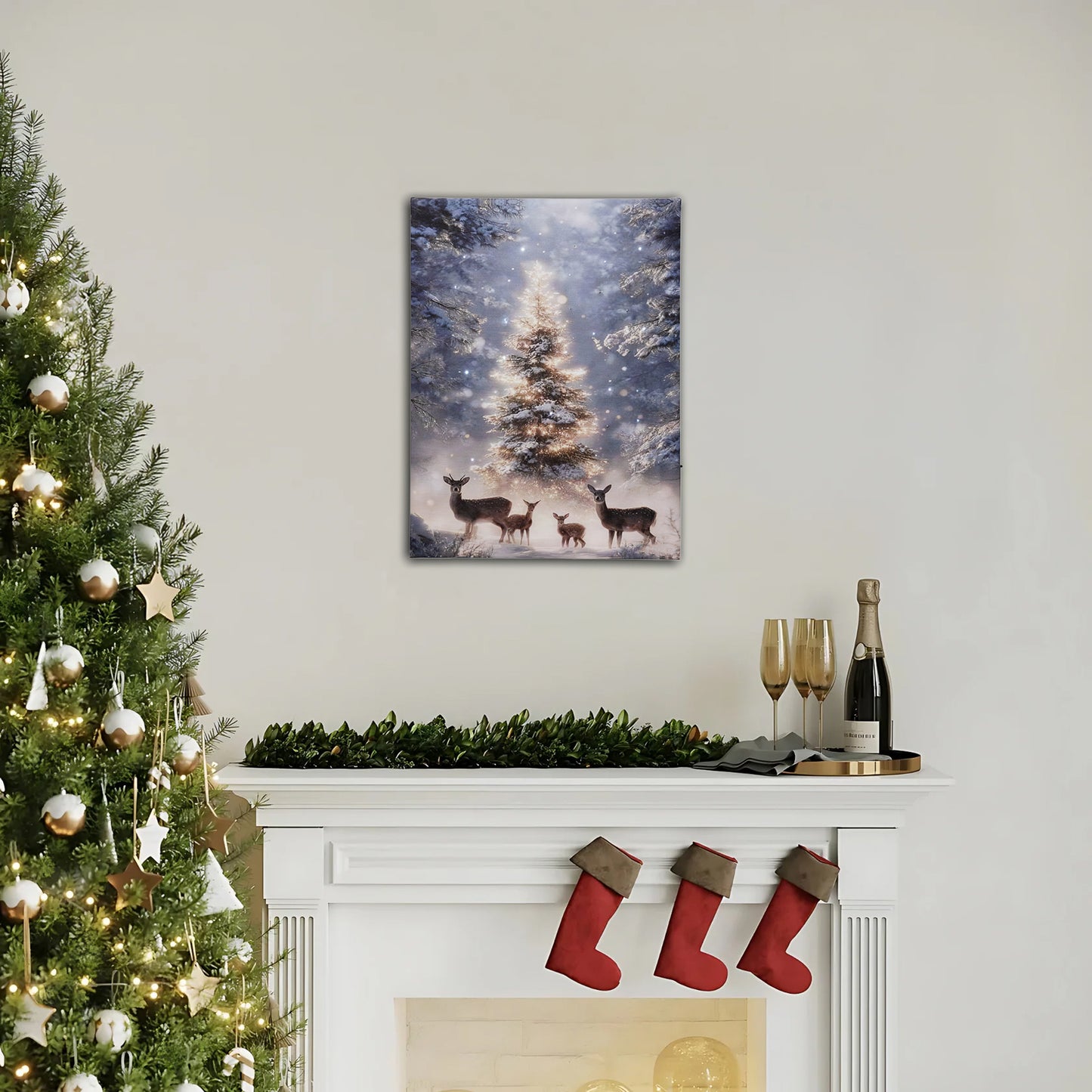 Battery operated lighted wall art of a deer family in a snowy forest above a decorated mantle.