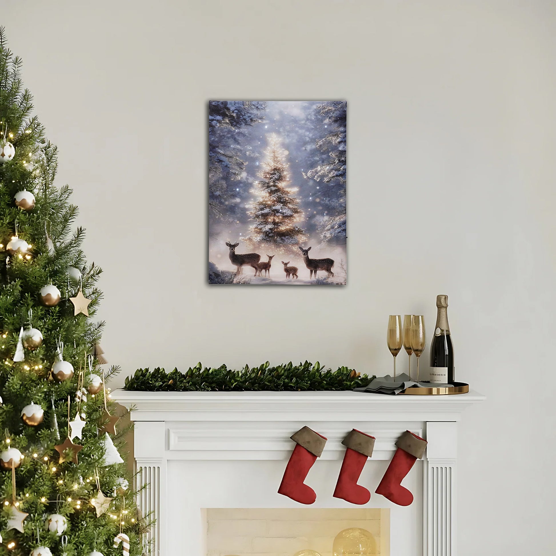 Battery operated lighted wall art of a deer family in a snowy forest above a decorated mantle.