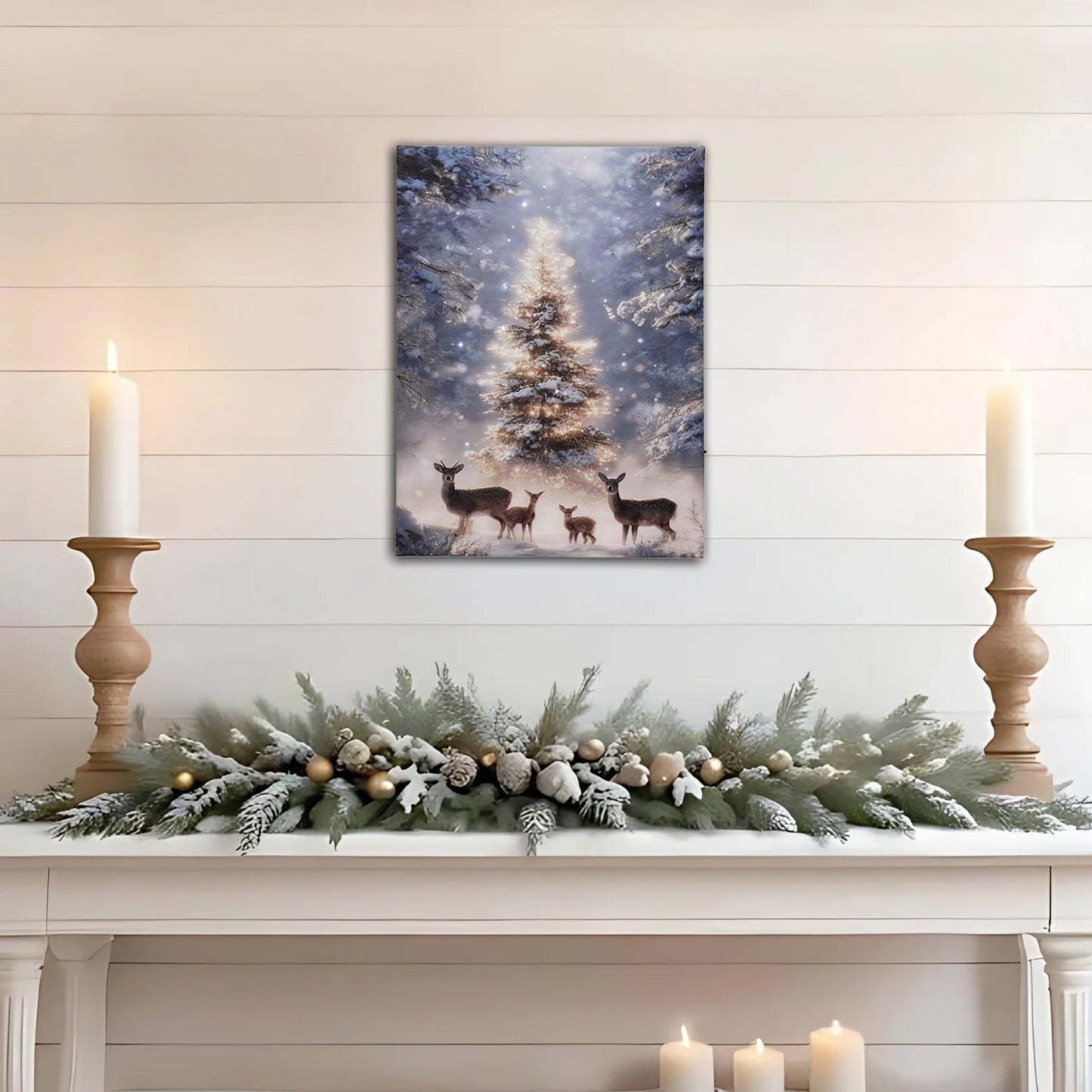 Battery operated lighted wall art of a deer family in a snowy forest above a decorated mantle.