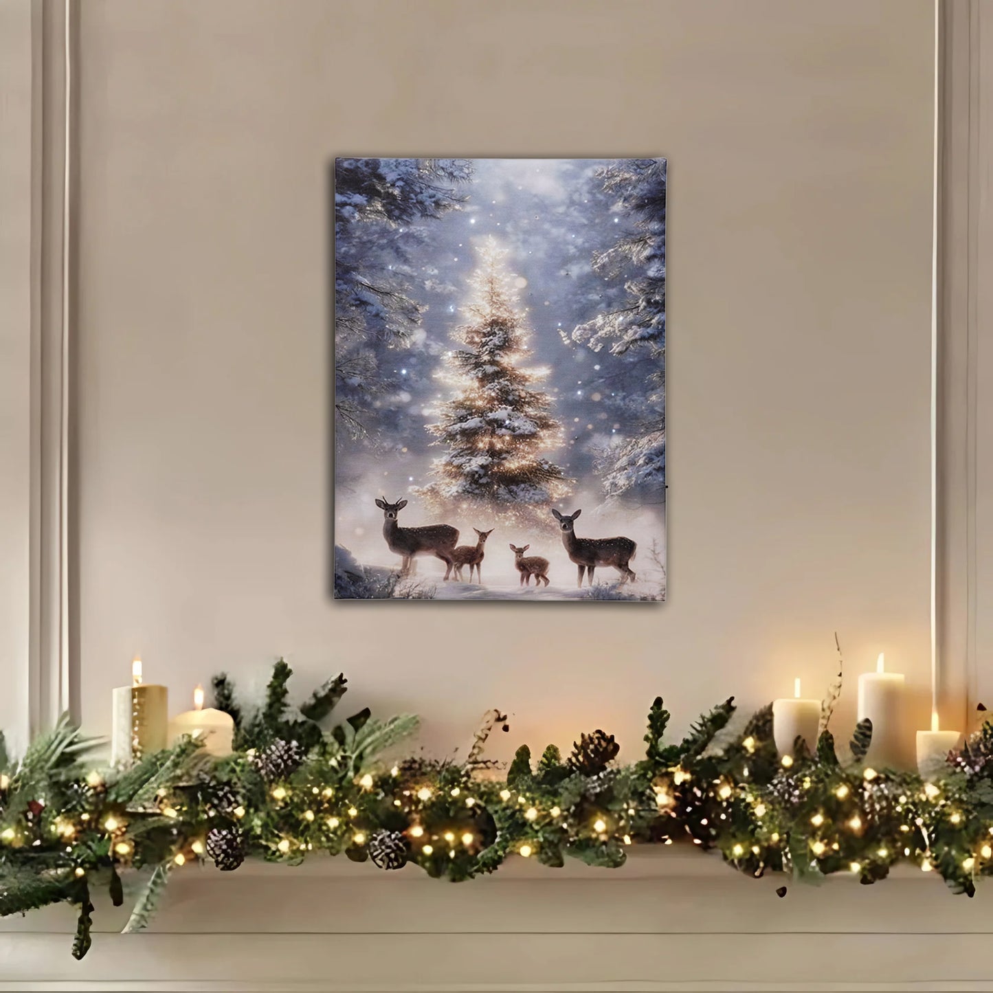 Decorative wall art of deer in a snowy forest above a mantel with Christmas garland and candles.