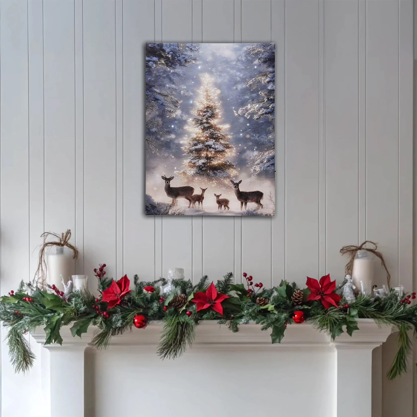Battery operated lighted wall art of a deer family in a snowy forest above a Christmas themed decorated mantle.