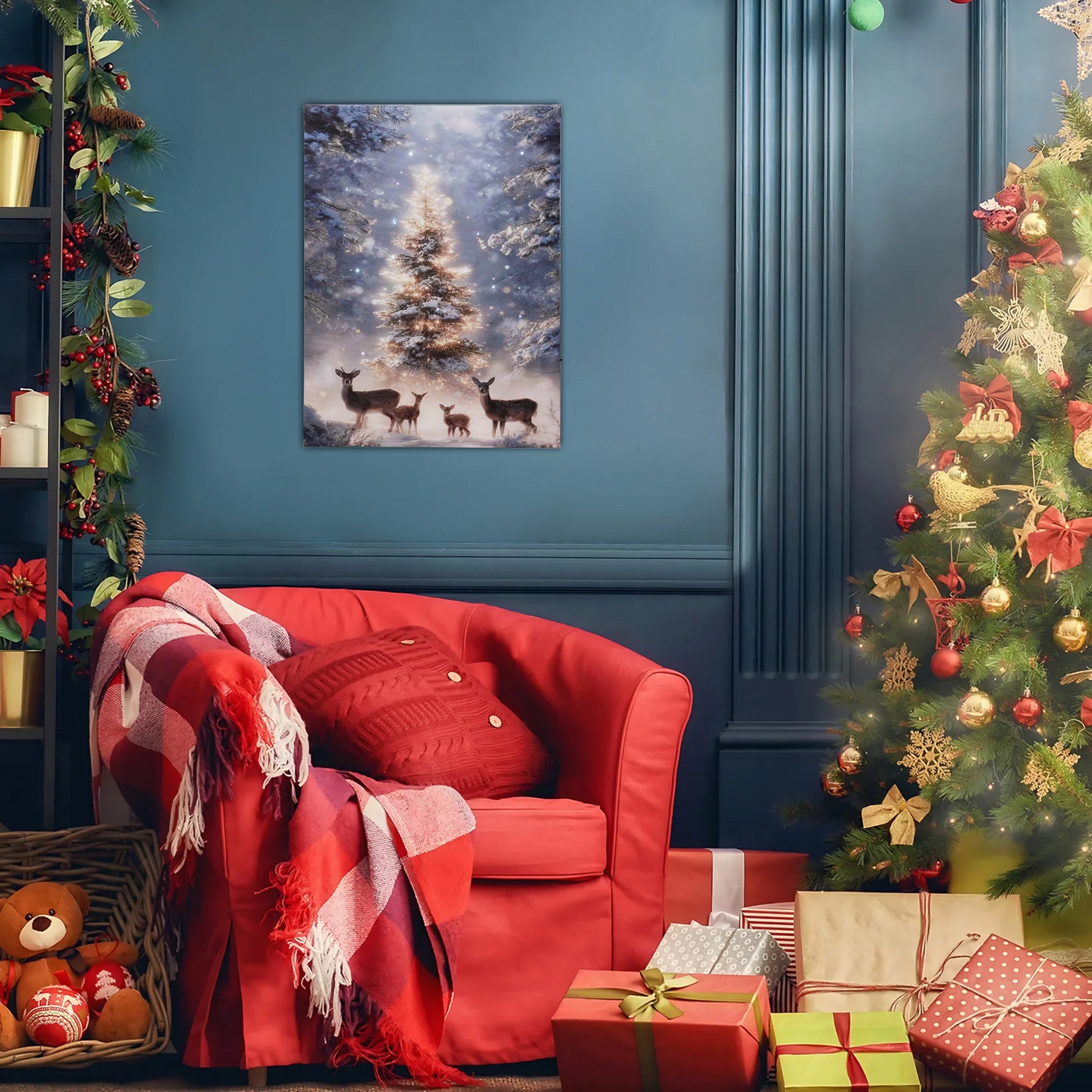 Battery operated lighted wall art depicting a deer family in a snowy forest set in a cozy Christmas themed living room.