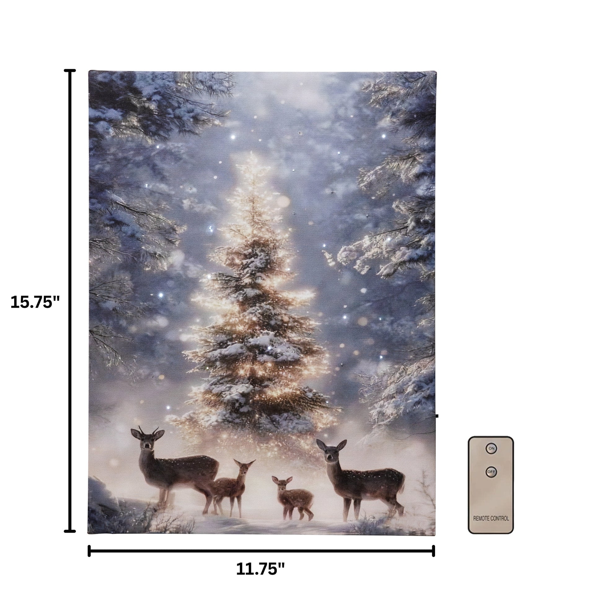 Battery operated lighted wall art of deer in a snowy forest with dimensions and remote control.