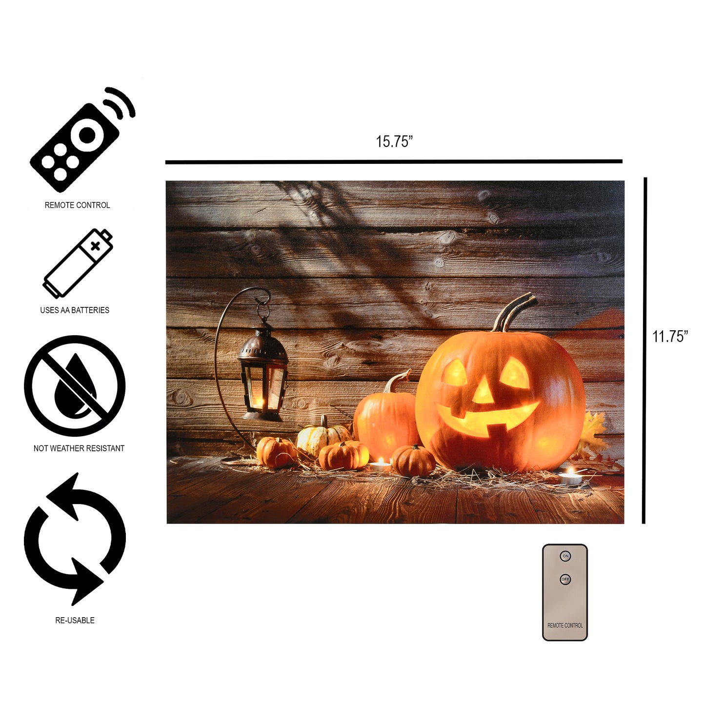 Halloween-themed product with pumpkins and lantern on a wooden background, featuring remote control icons.