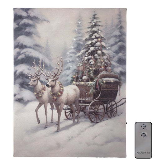 Festive scene with two deer and a decorated sleigh in a snowy landscape, featuring a remote control on a white background.