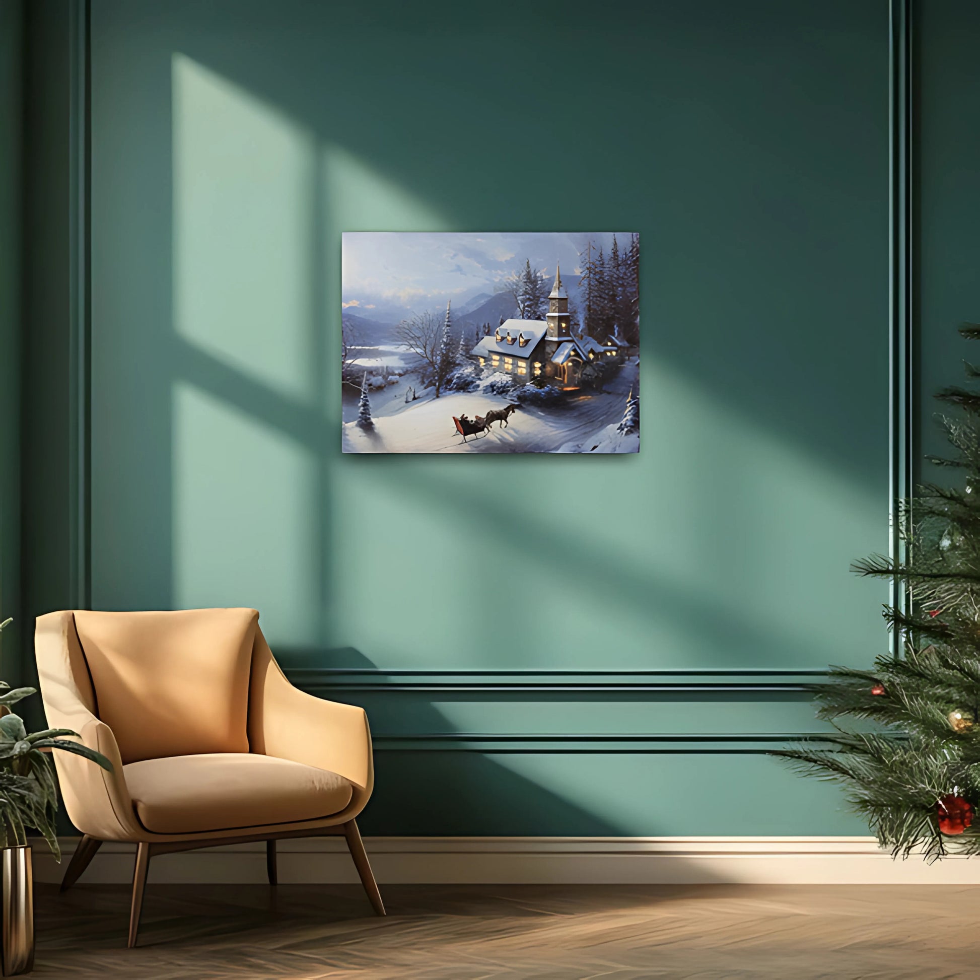 Canvas winter landscape wall art on a green wall with a beige armchair and Christmas tree.