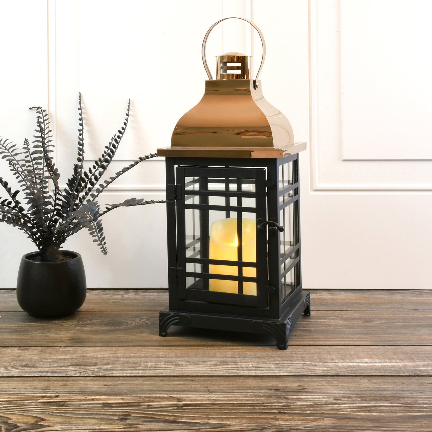 Metal Lantern with LED Motion Flame Candle - Black with Copper Roof