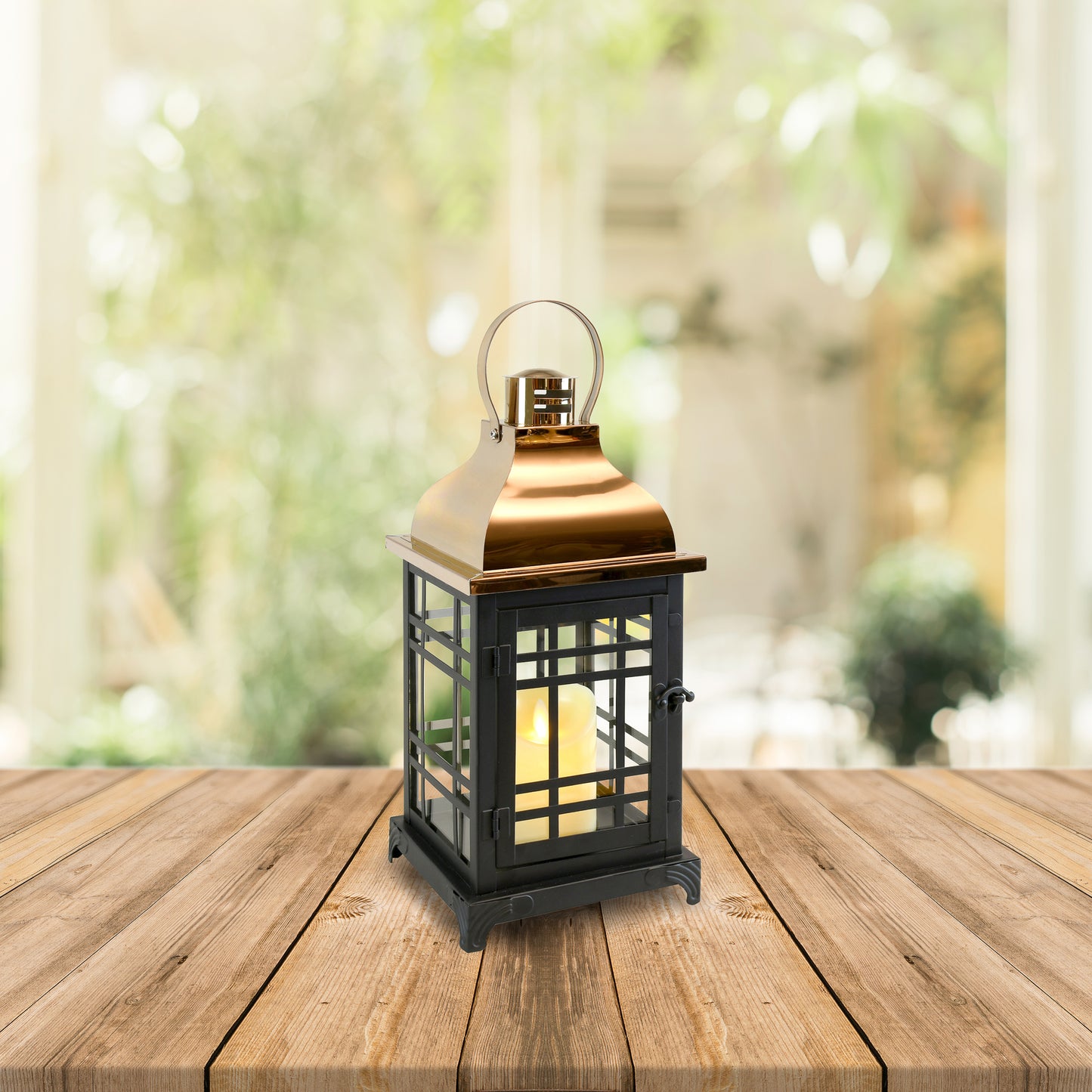 Metal Lantern with LED Motion Flame Candle - Black with Copper Roof