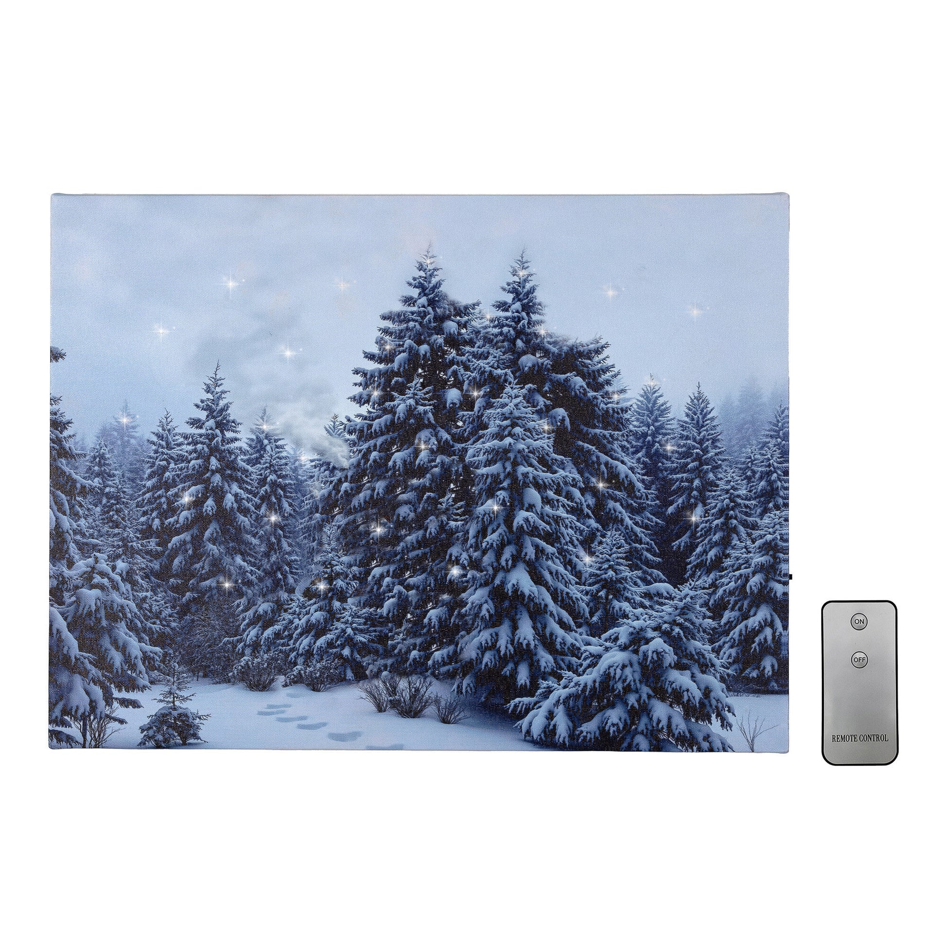 Canvas wall art of winter scene with snow-covered trees.