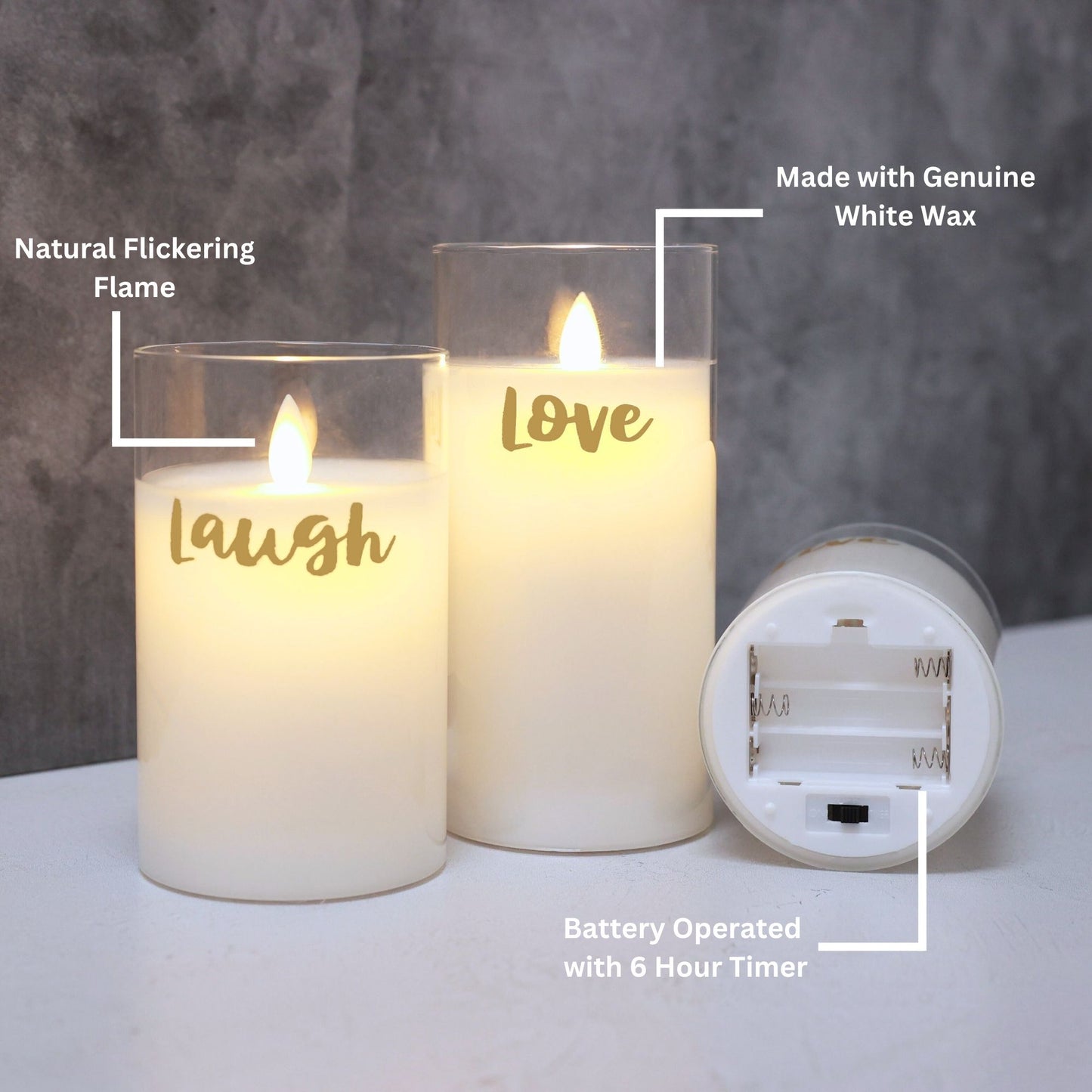 Battery Operated LED Glass Candles with Flickering Flame, Live Laugh Love - Set of 3
